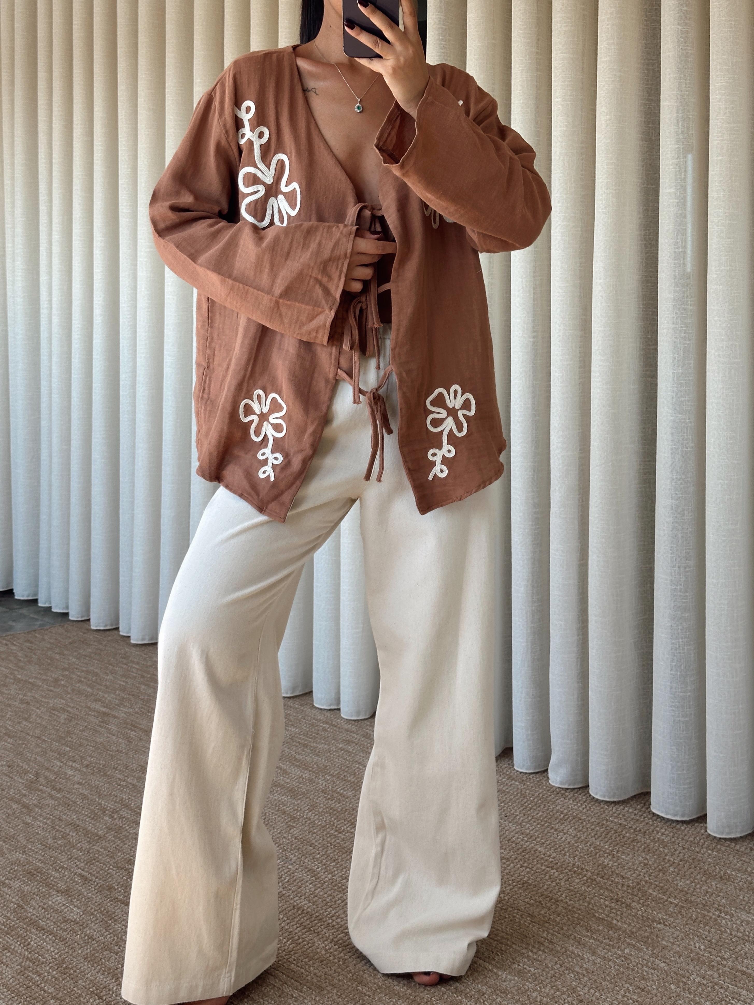 Nakışlı Kimono Takım  - Kahve