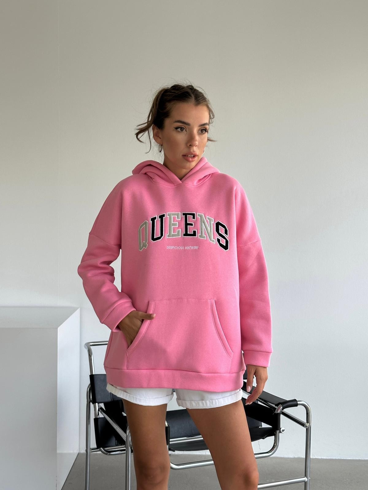 Queens Üç İplik Kapüşonlu Oversize Sweat Pembe