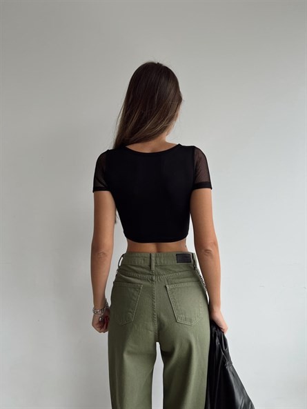 Pencere Detay Fileli Crop Siyah