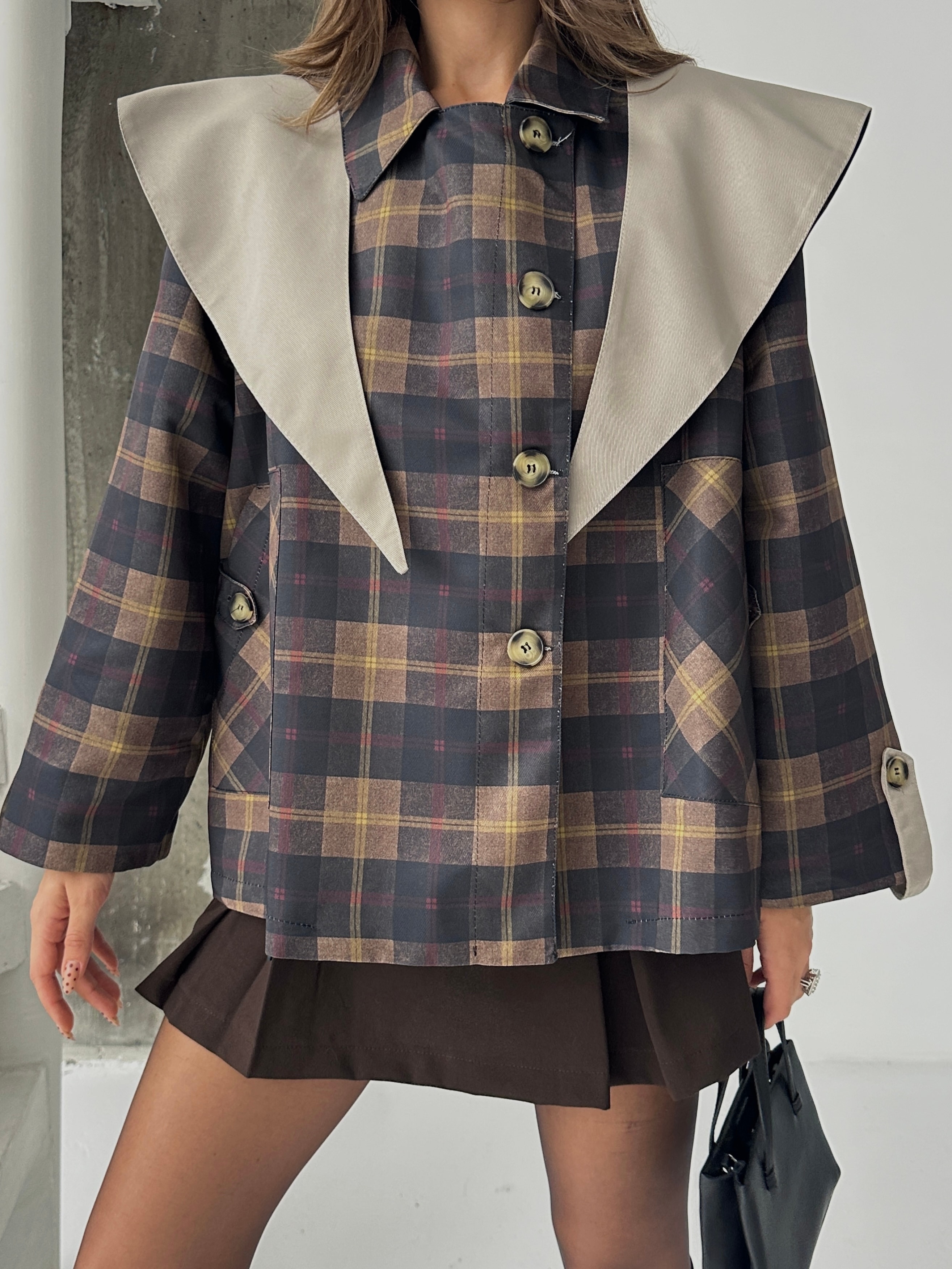 Pelerin Detay Kareli Ceket - lacivert-bej