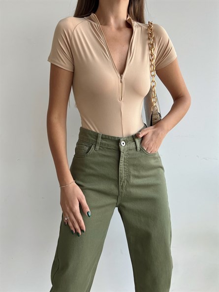 Fermuarlı Dik Yaka Sandy Bodysuit Bej