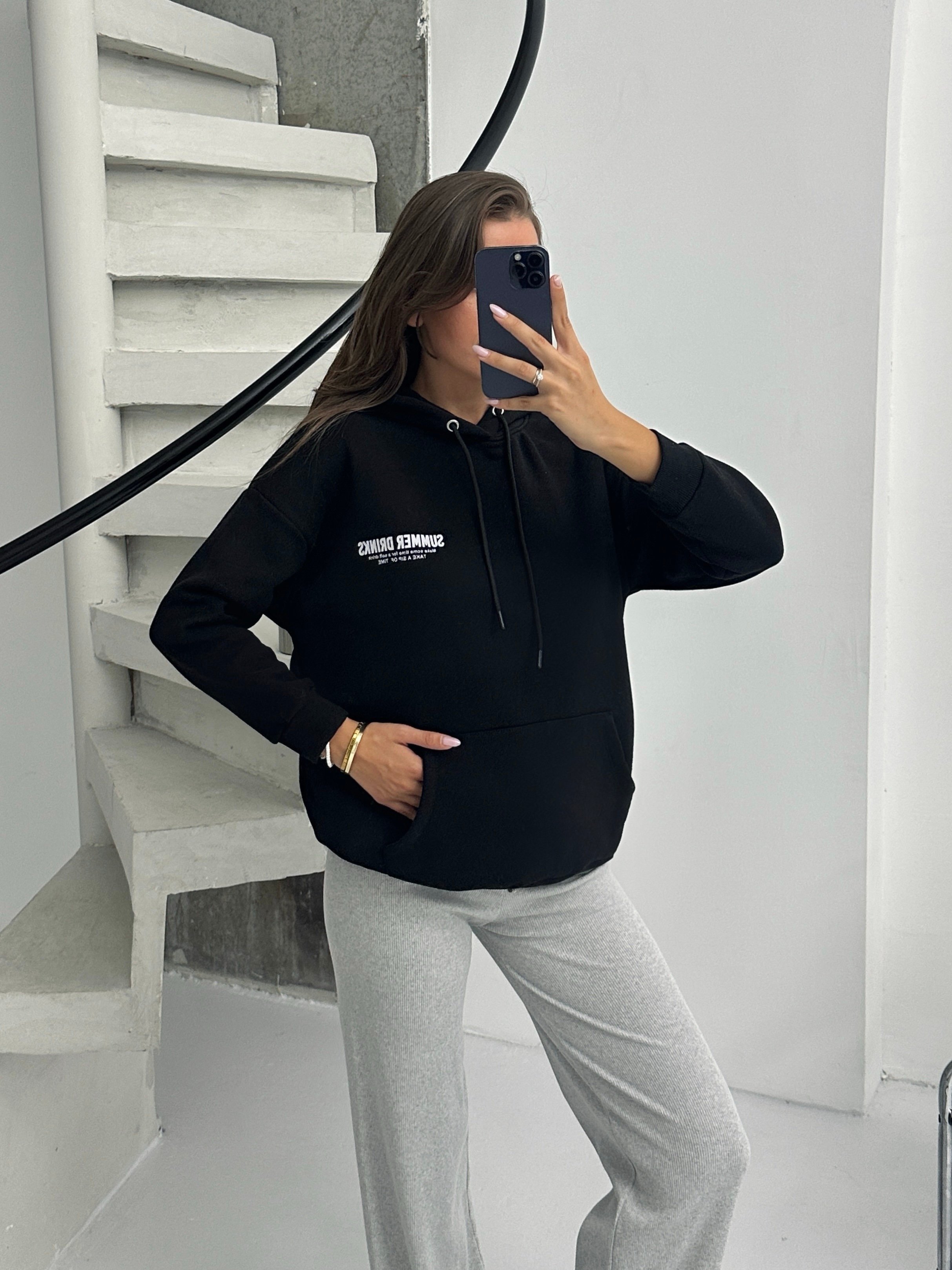 Baskılı Kapüşonlu Oversize Sweat - Siyah