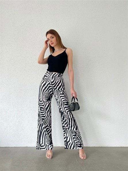 Desenli Bol Paça Saten Pantolon Zebra