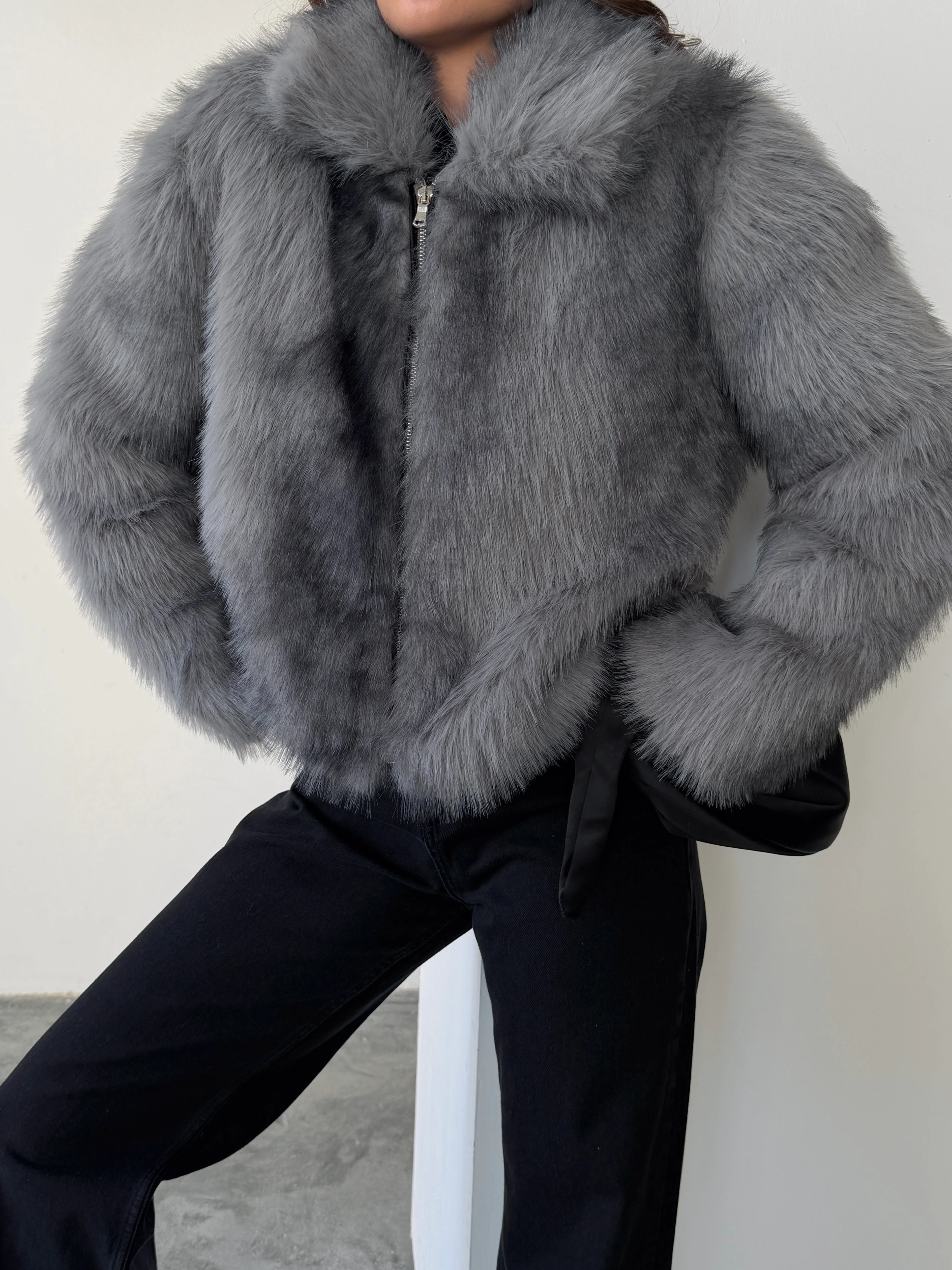 Fermuarlı Crop Kürk