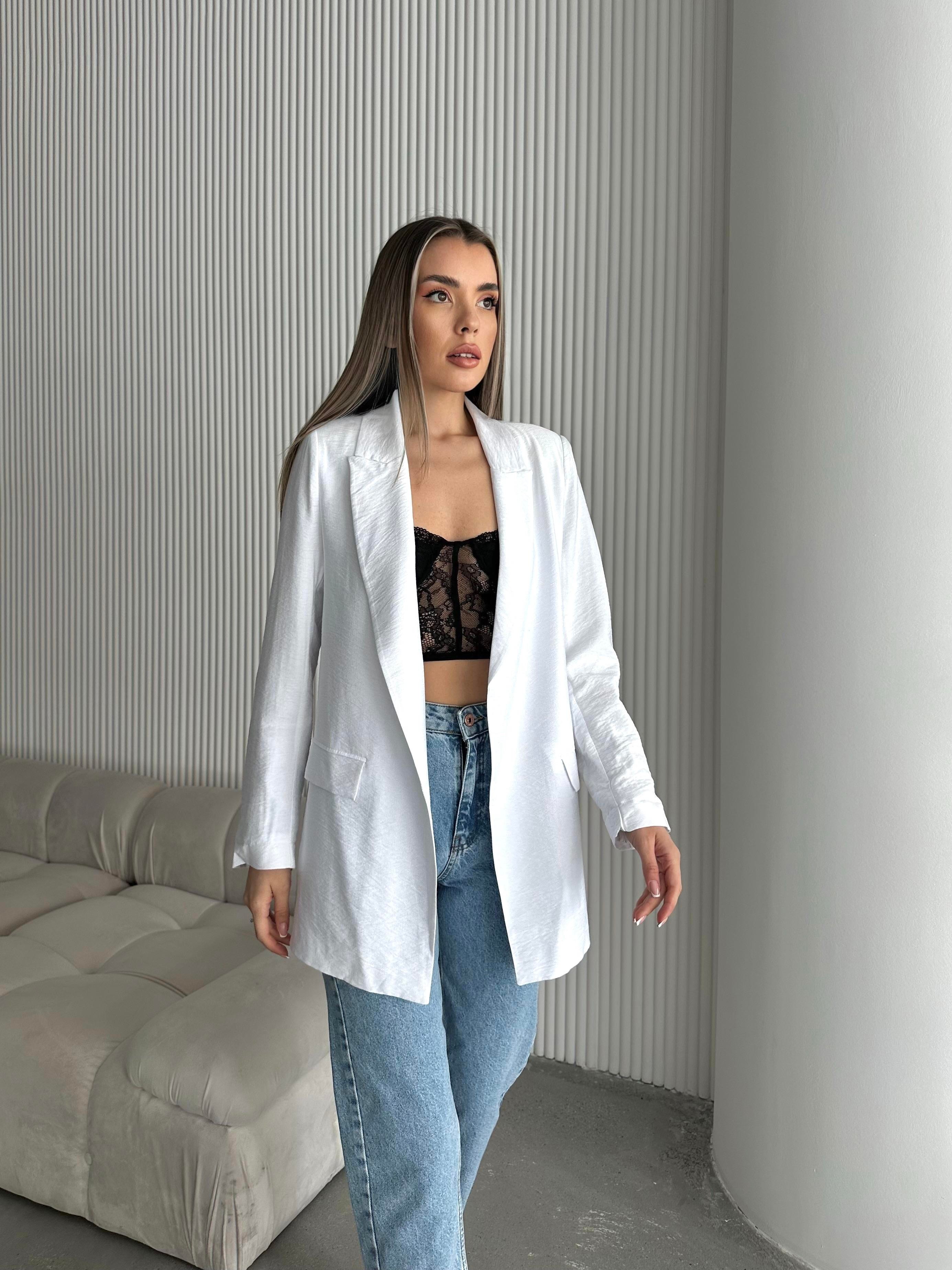 Tiril Keten Blazer Ceket Beyaz