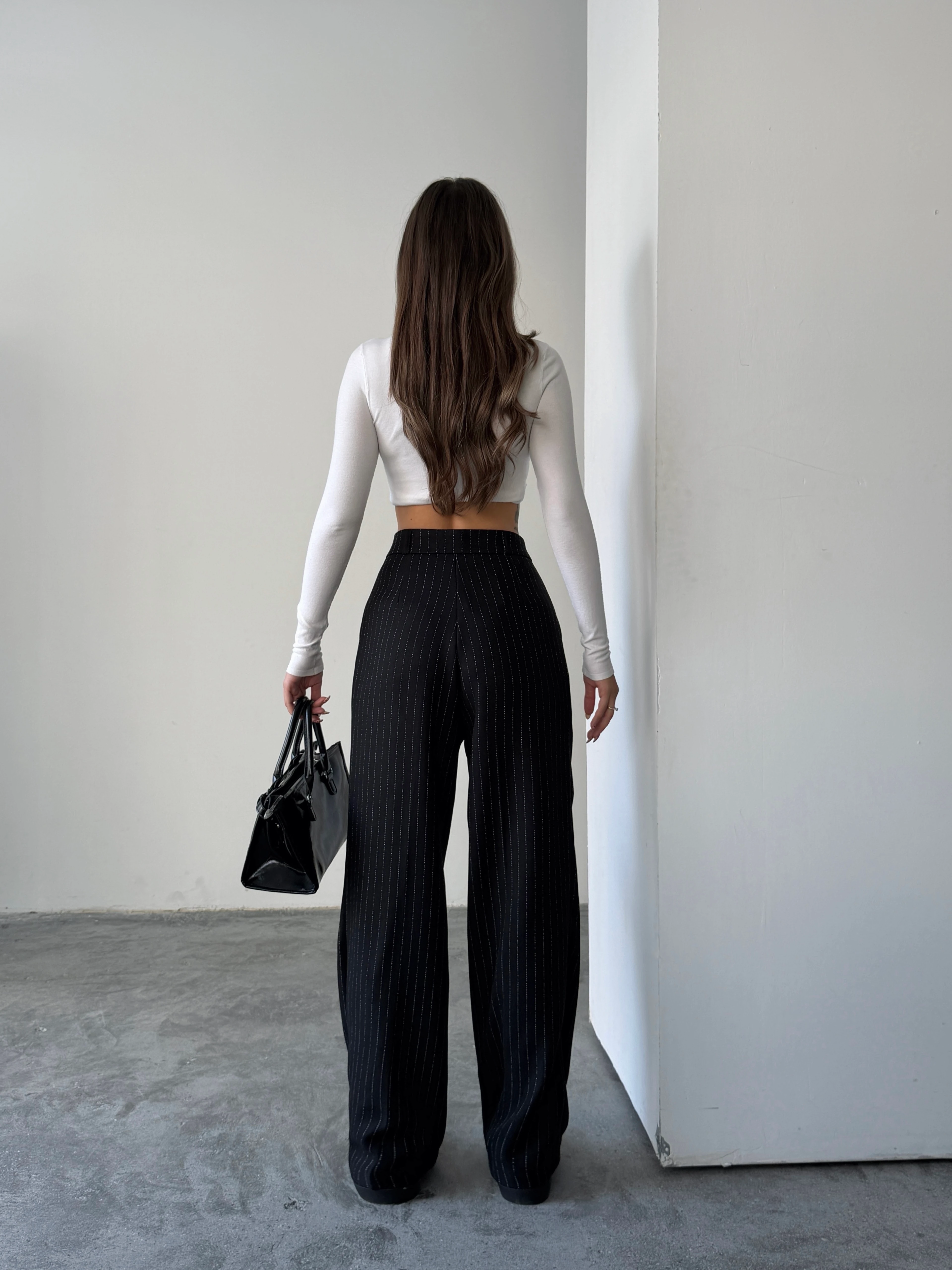 Yünefekt Çizgili Palazzo - Siyah