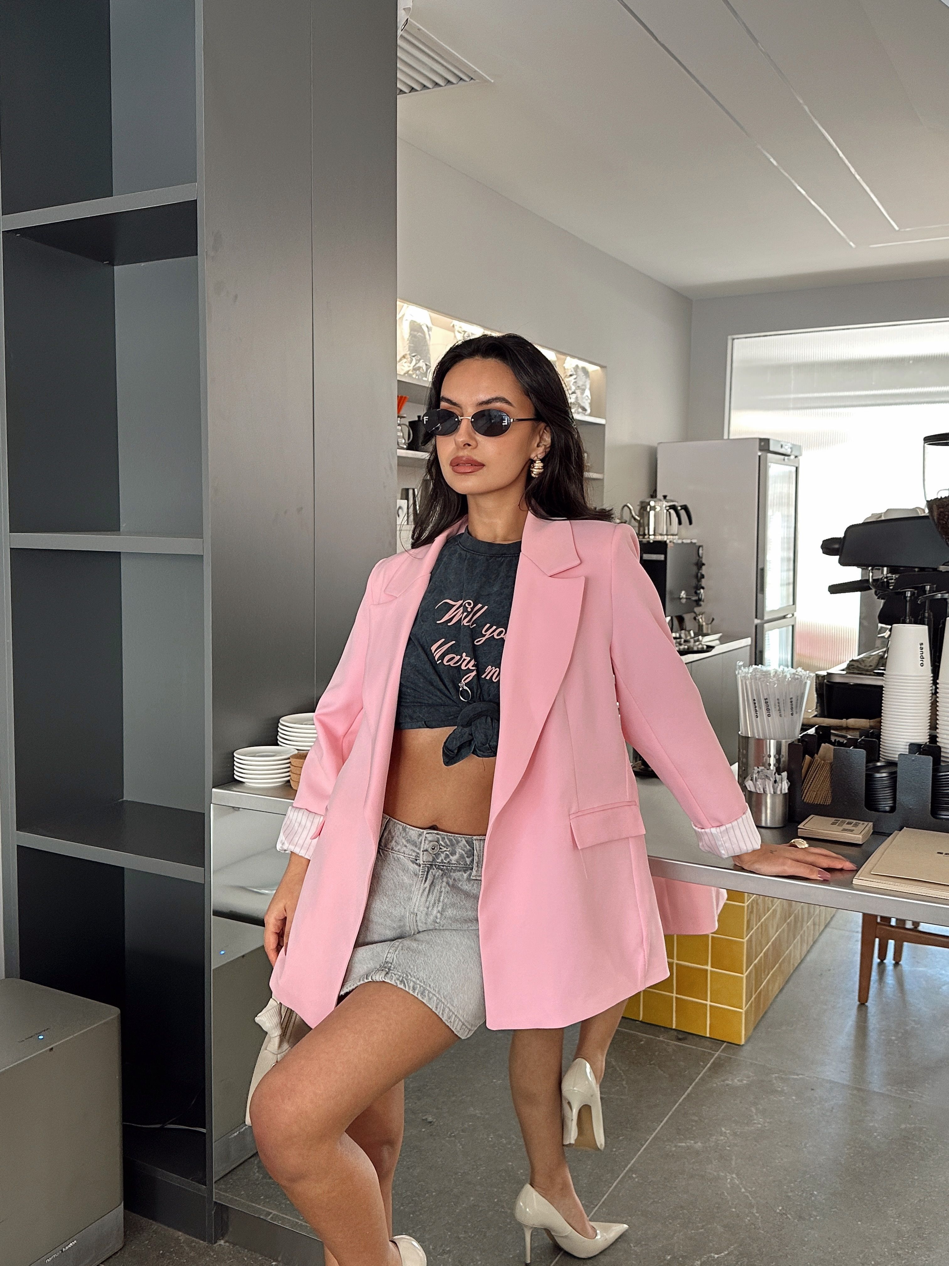Astar Detaylı Kulplu Ceket  - Pudra Pembe