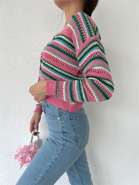 3 Düğme Renkli Örgü Hırka Pembe-Mavi