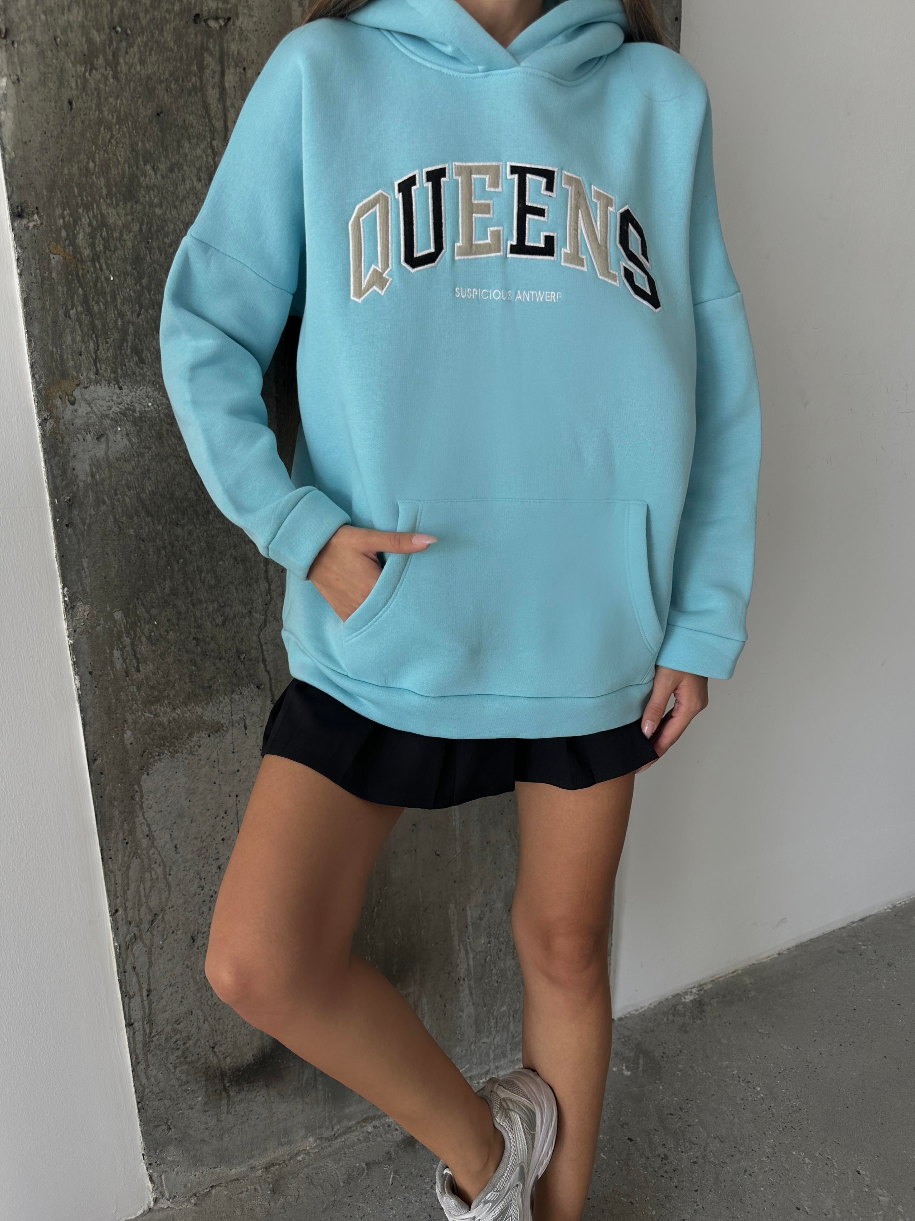 Queens Üç İplik Kapüşonlu Oversize Sweat Mavi