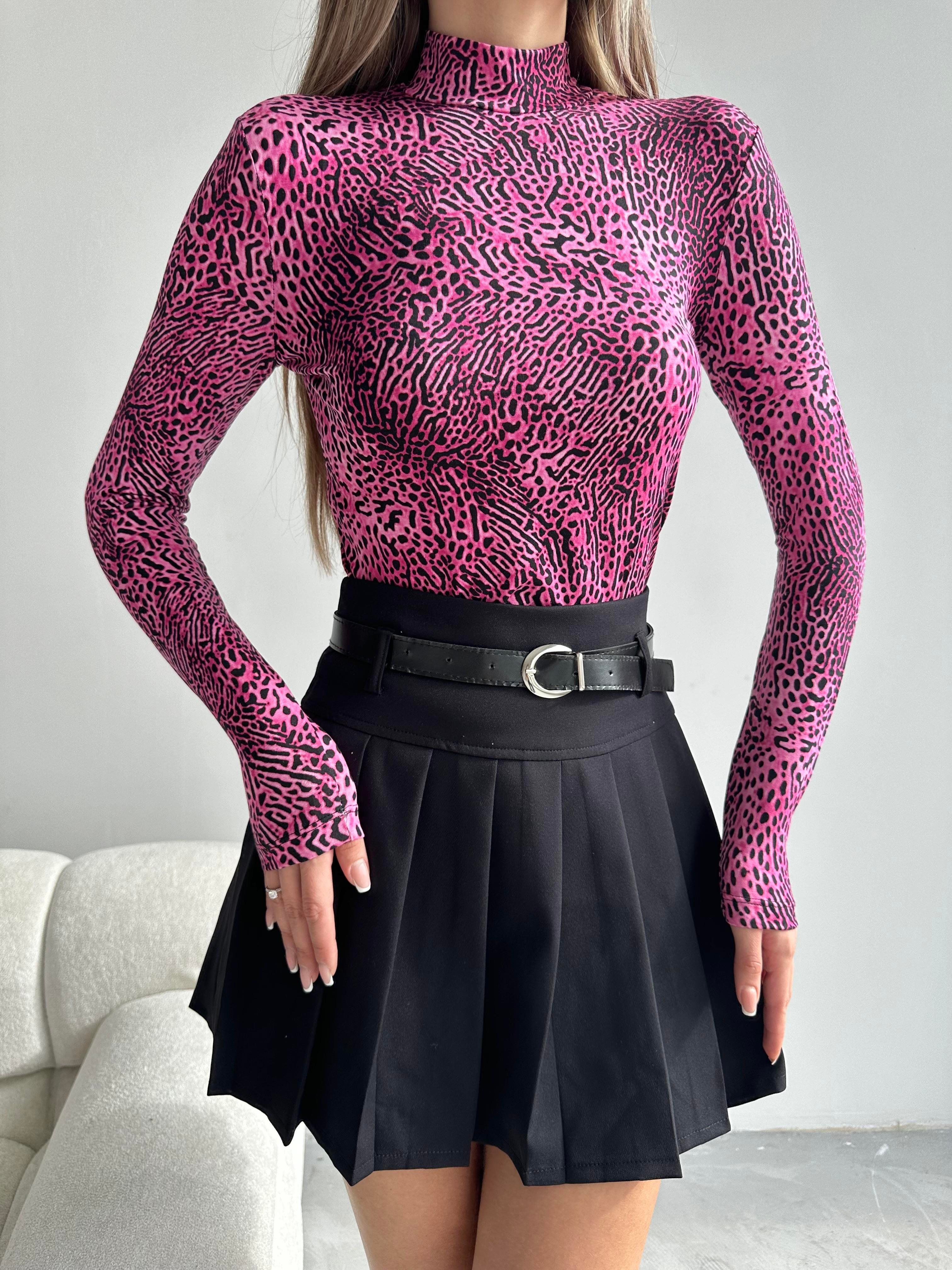 Desenli Balıkçı Bluz Pembe Leopar