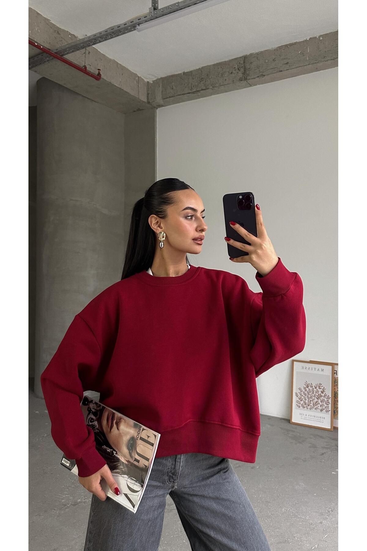 Sage Bisiklet Yaka Sweatshirt Bordo