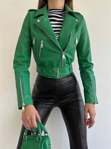 Kemerli Biker Deri Ceket Yeşil