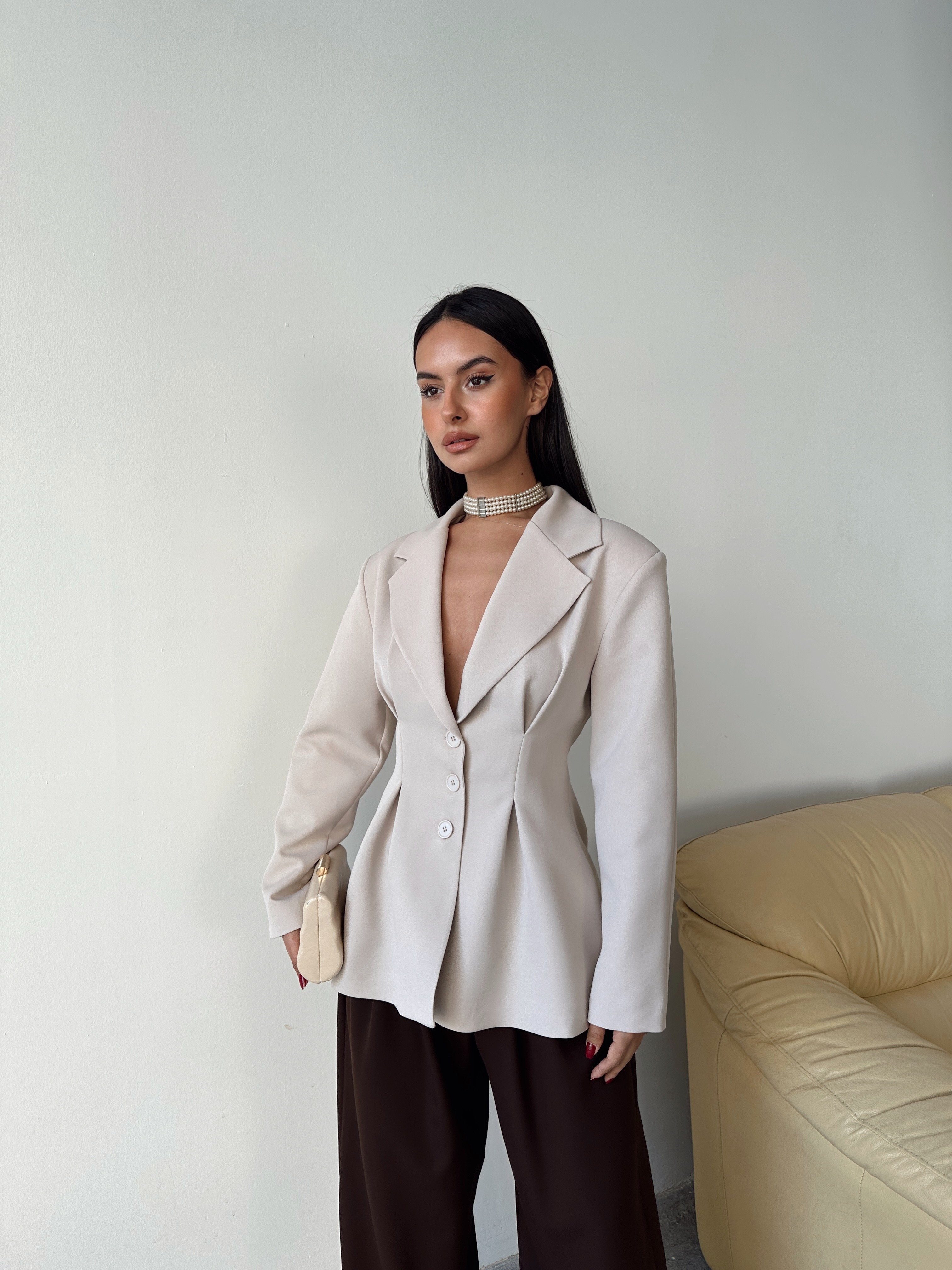 Pile Detay Oturtmalı Blazer Ceket  - Taş