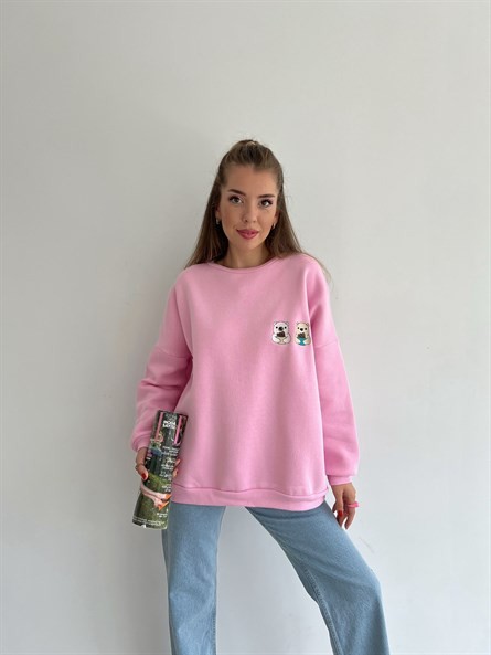 Twin Bear İşleme Oversize Sweatshirt Pembe