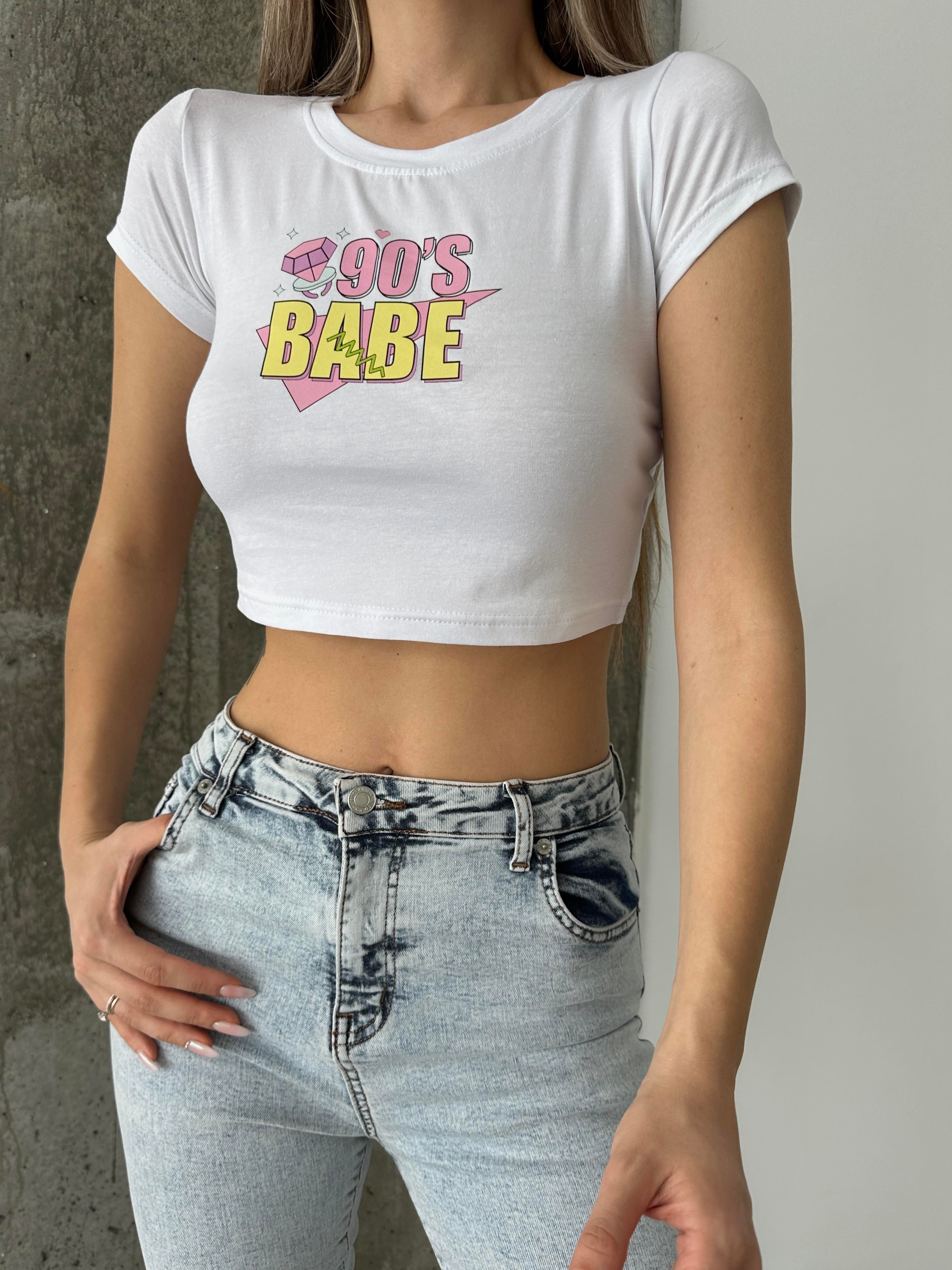 90s Babe Baskı Crop Beyaz