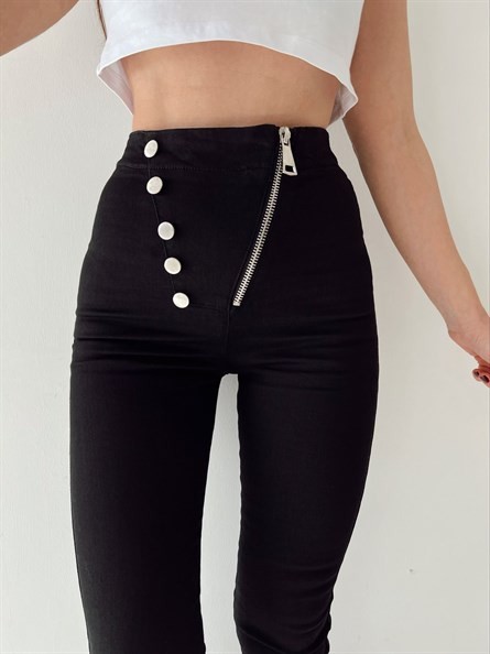 Asimetrik Düğme Detay Likralı Skinny Jean Siyah