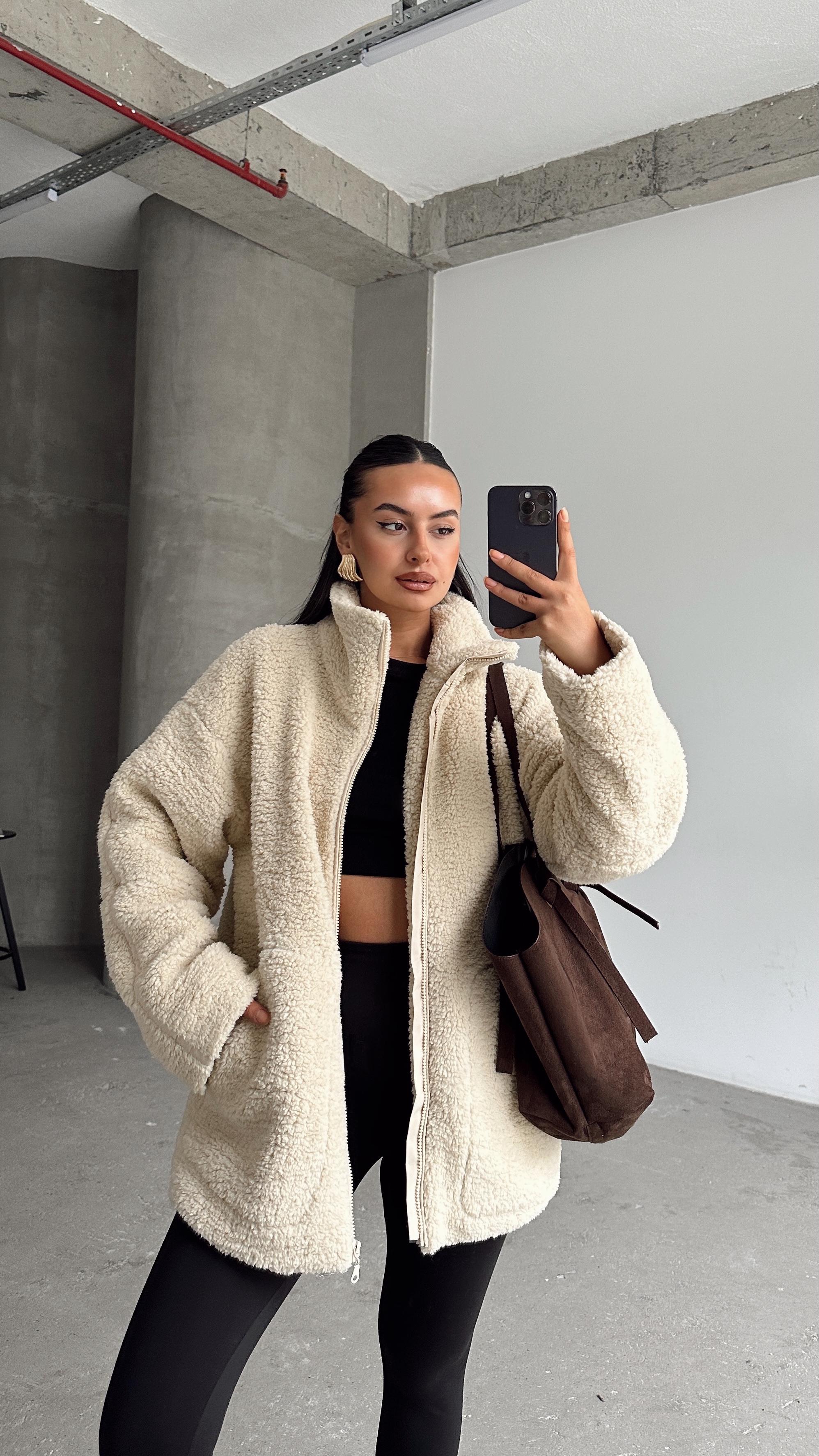 İç Astarlı Oversize Peluş Mont  - Taş