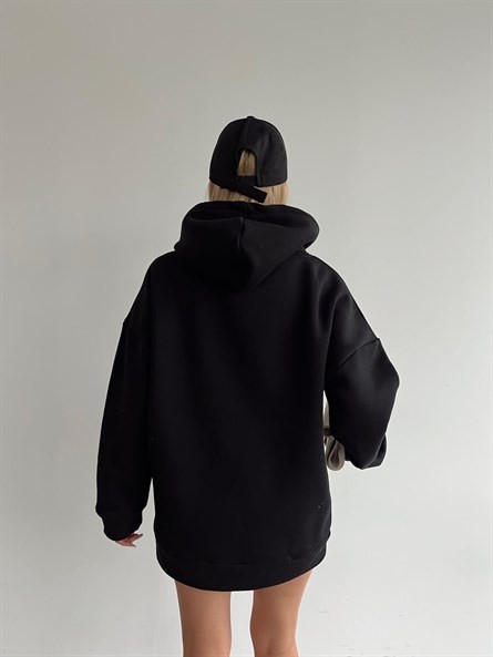 3 İplik Kapüşonlu Fermuarlı Sweatshirt Siyah