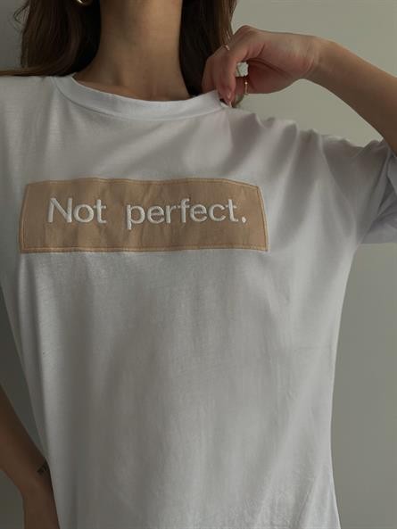 Not Perfect İşleme Oversize Basic Beyaz-Taş