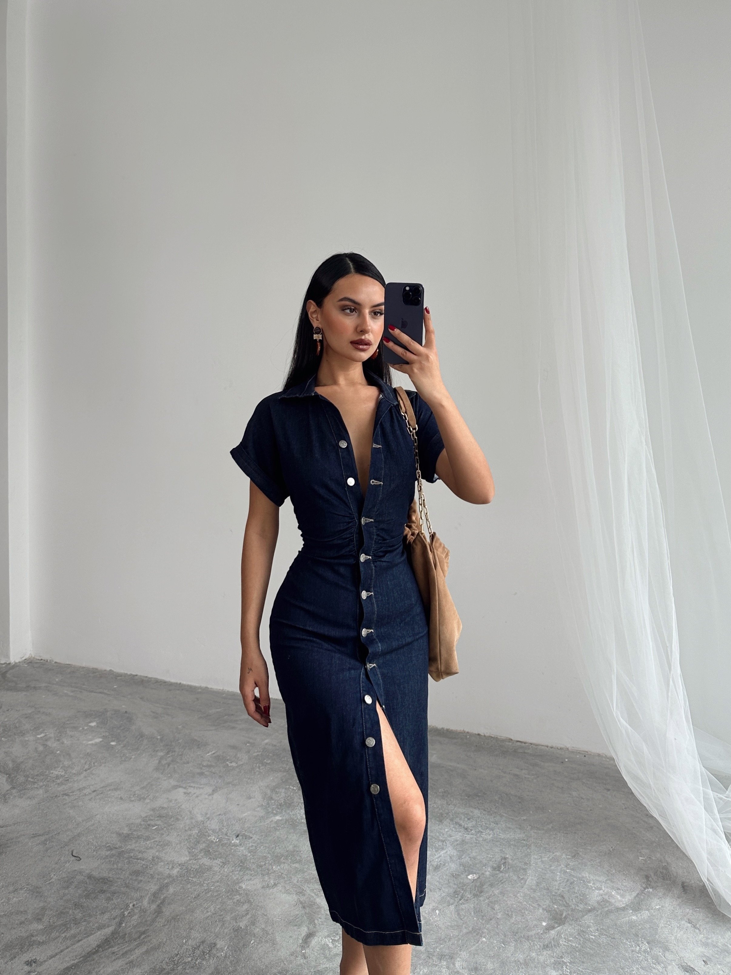 Düğme Detaylı Denim Elbise  - Lacivert