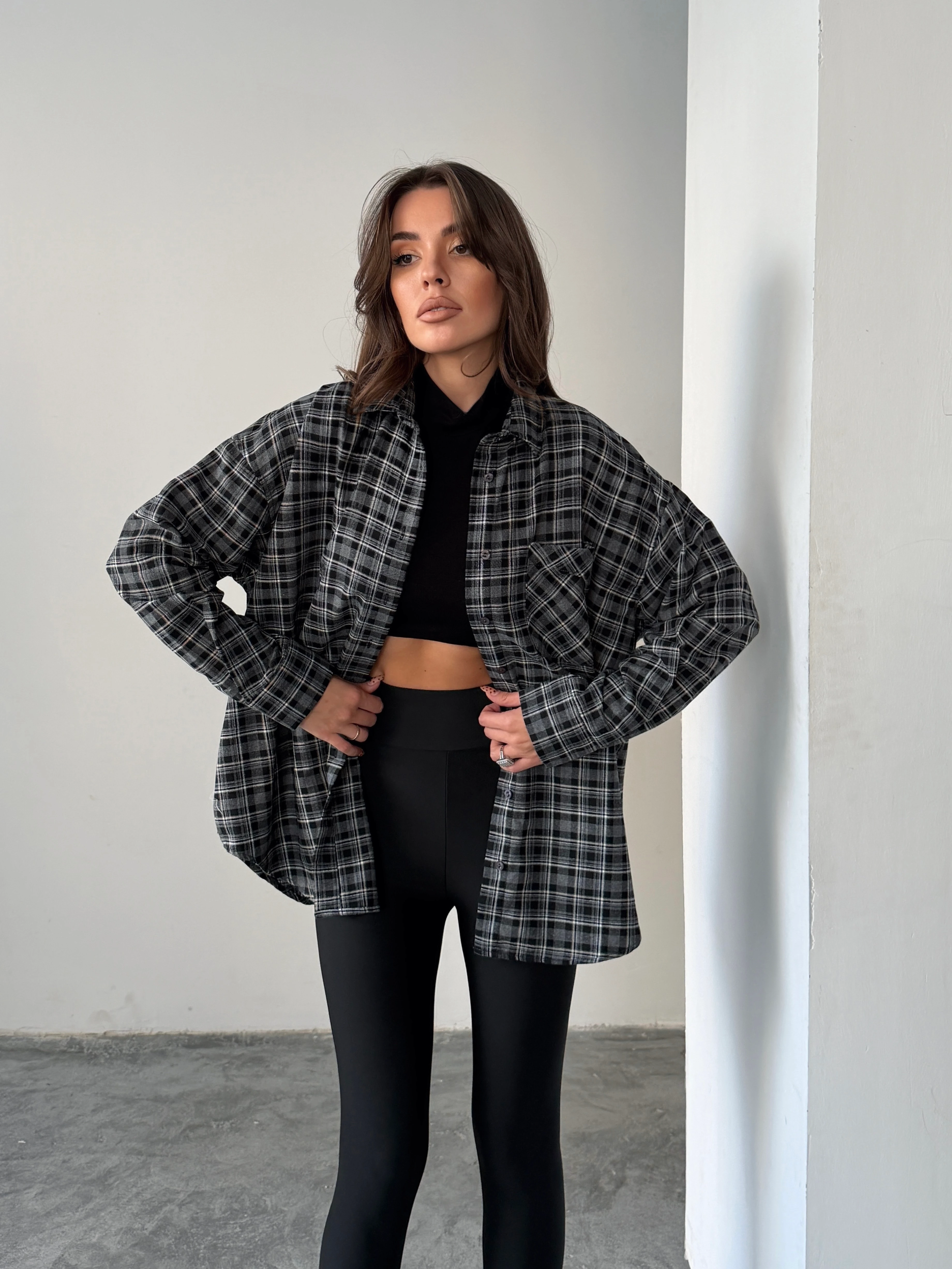 Kareli Oversize Gömlek - Siyah