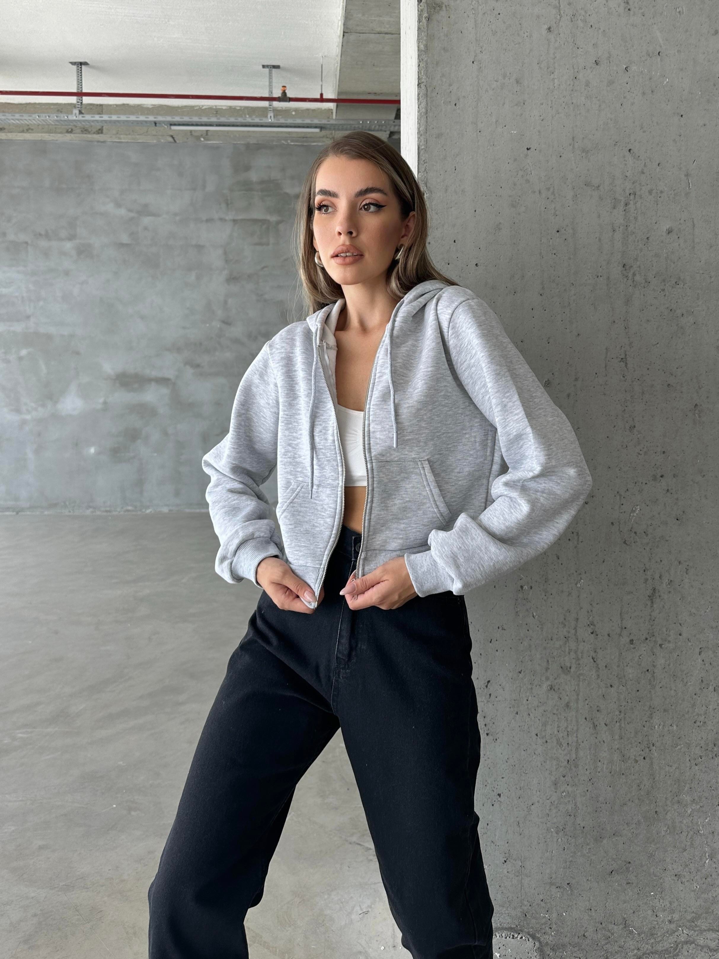 Hone Fermuarlı Kapüşonlu Crop Sweat Hırka Gri