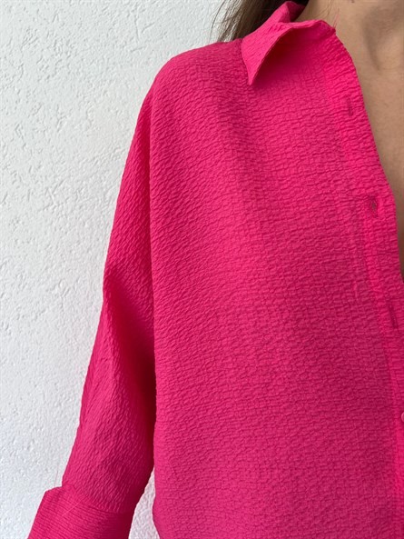 Yarasa Kol Oversize Gofre Gömlek Fuşya