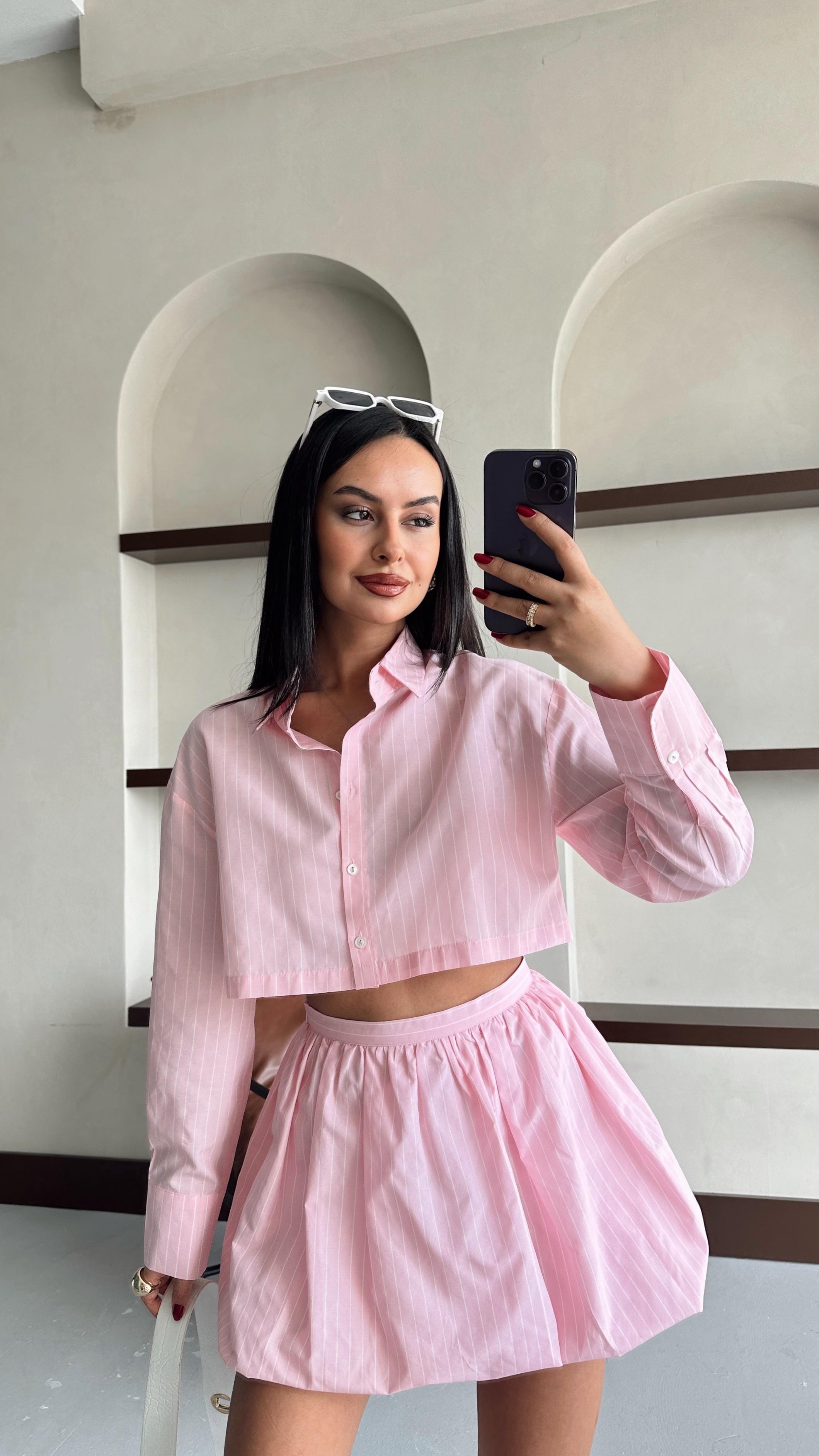 Çizgili Poplin Gömlek - Pembe