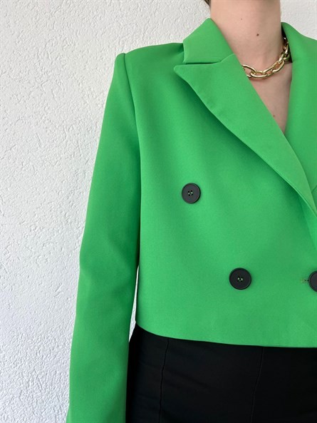 Düğmeli Kruvaze Crop Blazer Ceket Yeşil