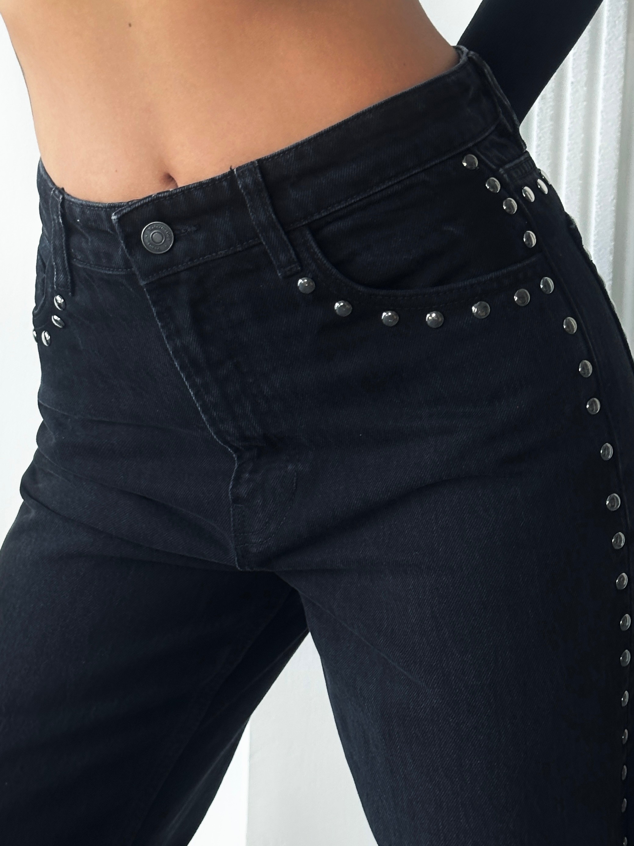 Zımba Detaylı Denim Palazzo  - Siyah