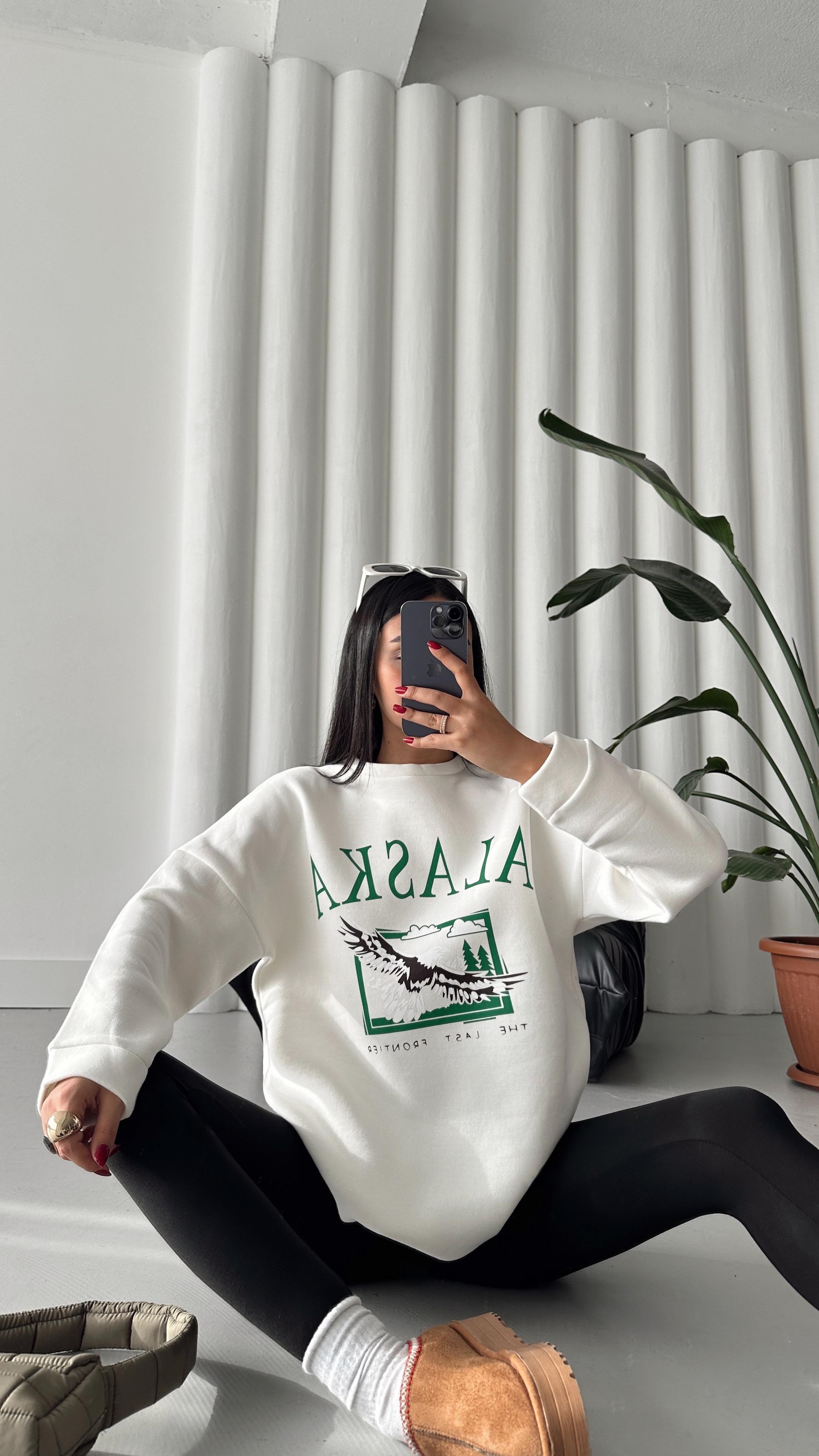 Alaska Üç İplik Şardonlu Oversize Sweat Beyaz