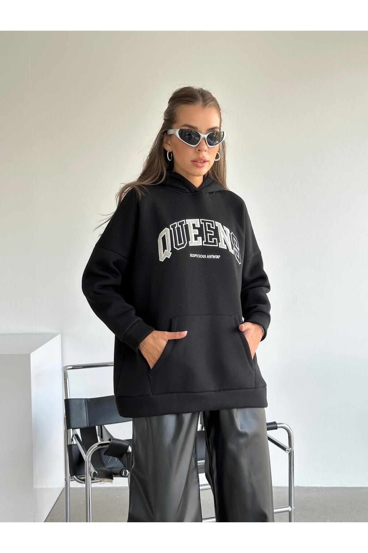 Queens Üç İplik Kapüşonlu Oversize Sweat Siyah