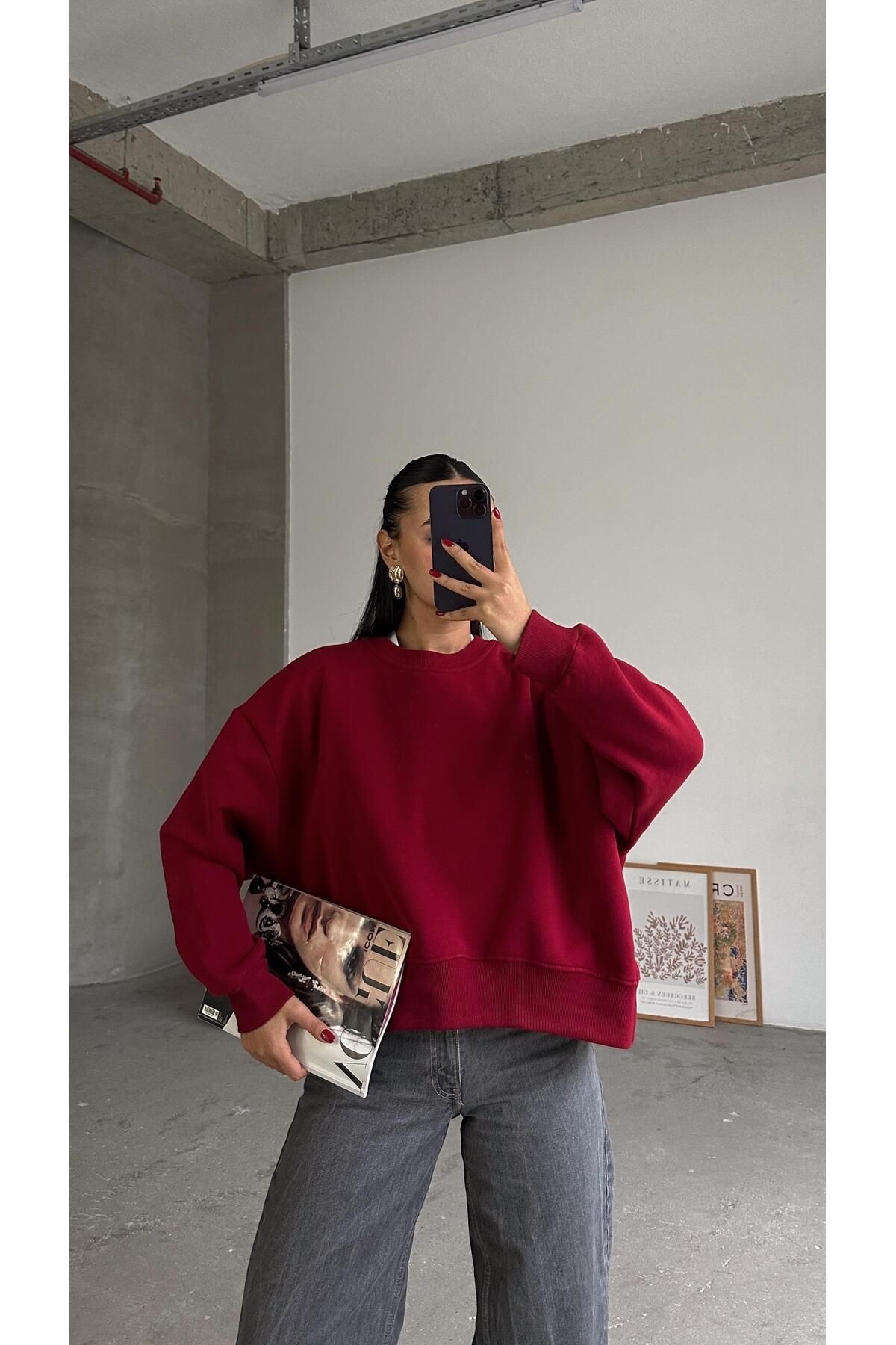 Sage Bisiklet Yaka Sweatshirt Bordo