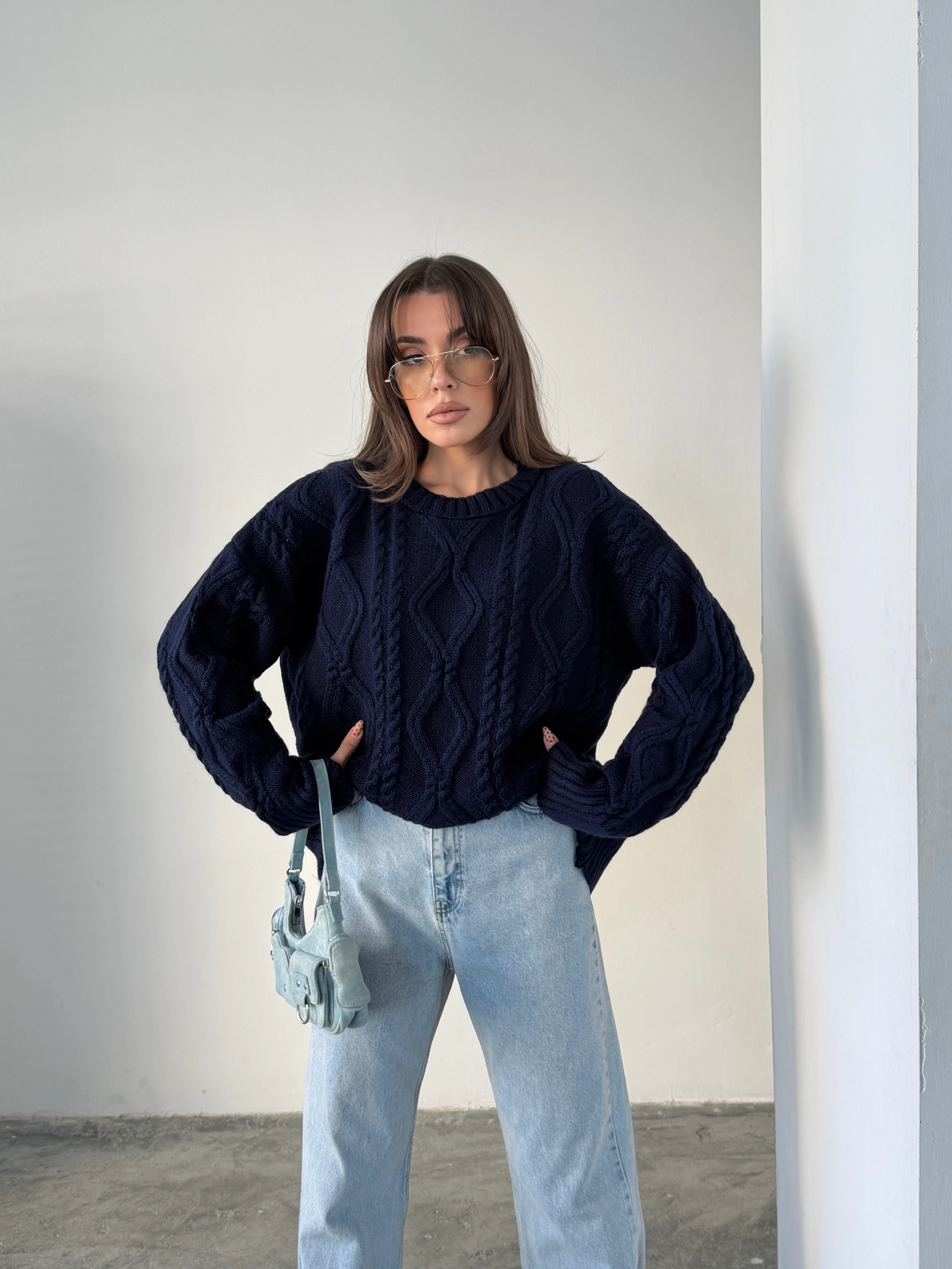 Saç Örgü Desenli Yıkamalı Triko - Lacivert