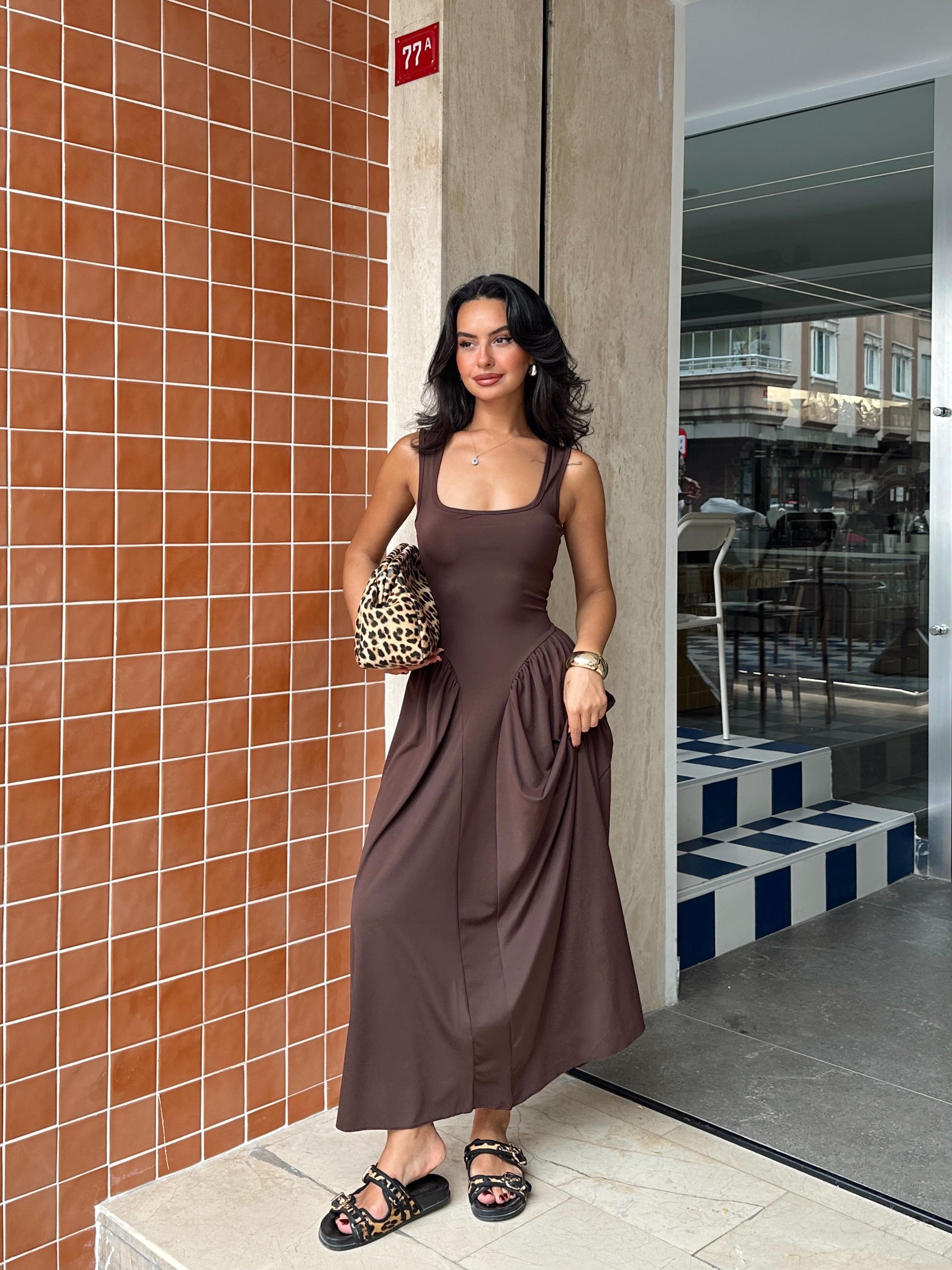 Korse Detaylı Midi Elbise - Kahve