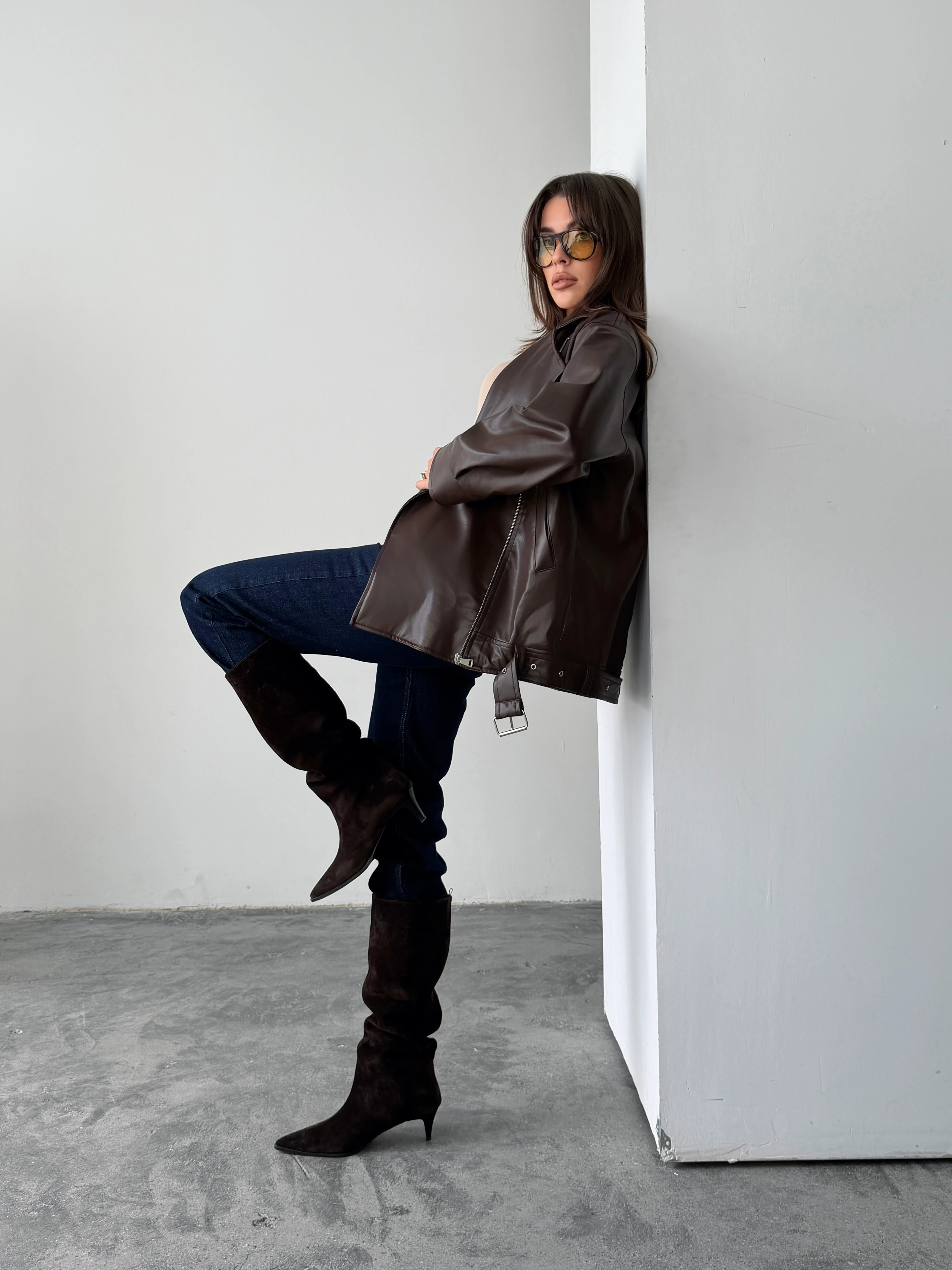 Kemerli Oversize Deri Ceket  - Kahve