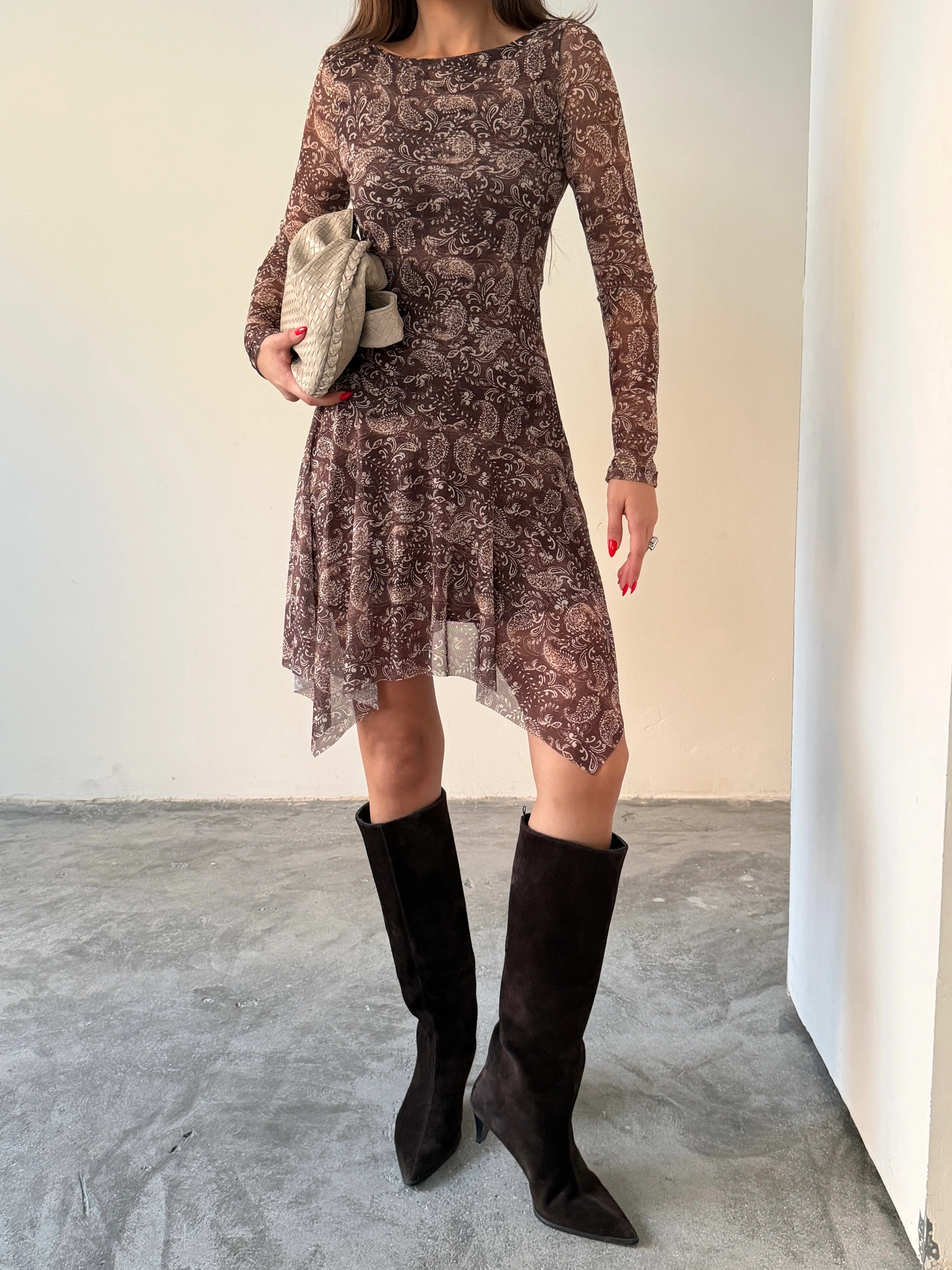 Kayık Yaka Etnik Desenli Elbise - Kahve