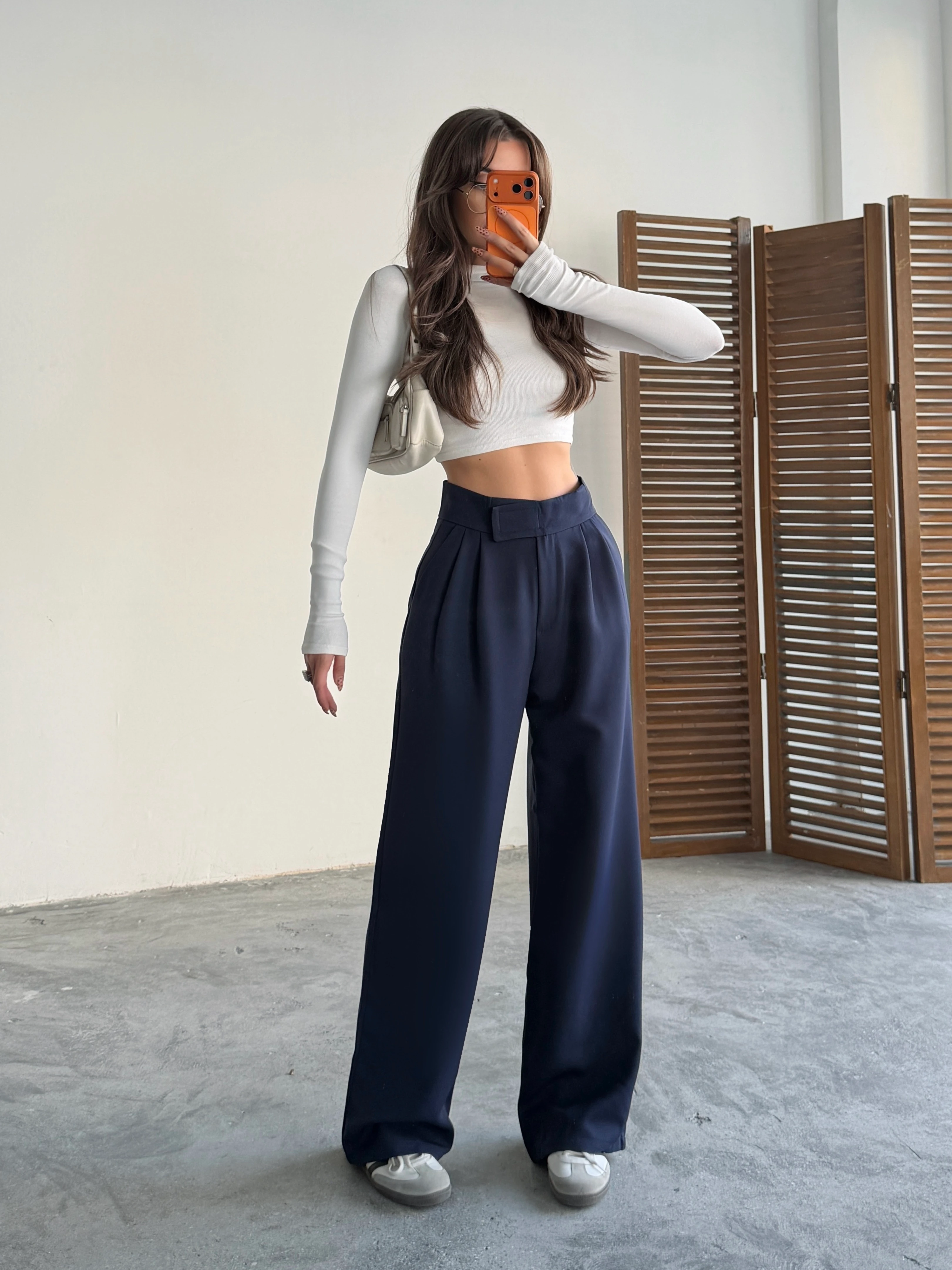 Bel Cırtlı Palazzo Pantolon  - Lacivert