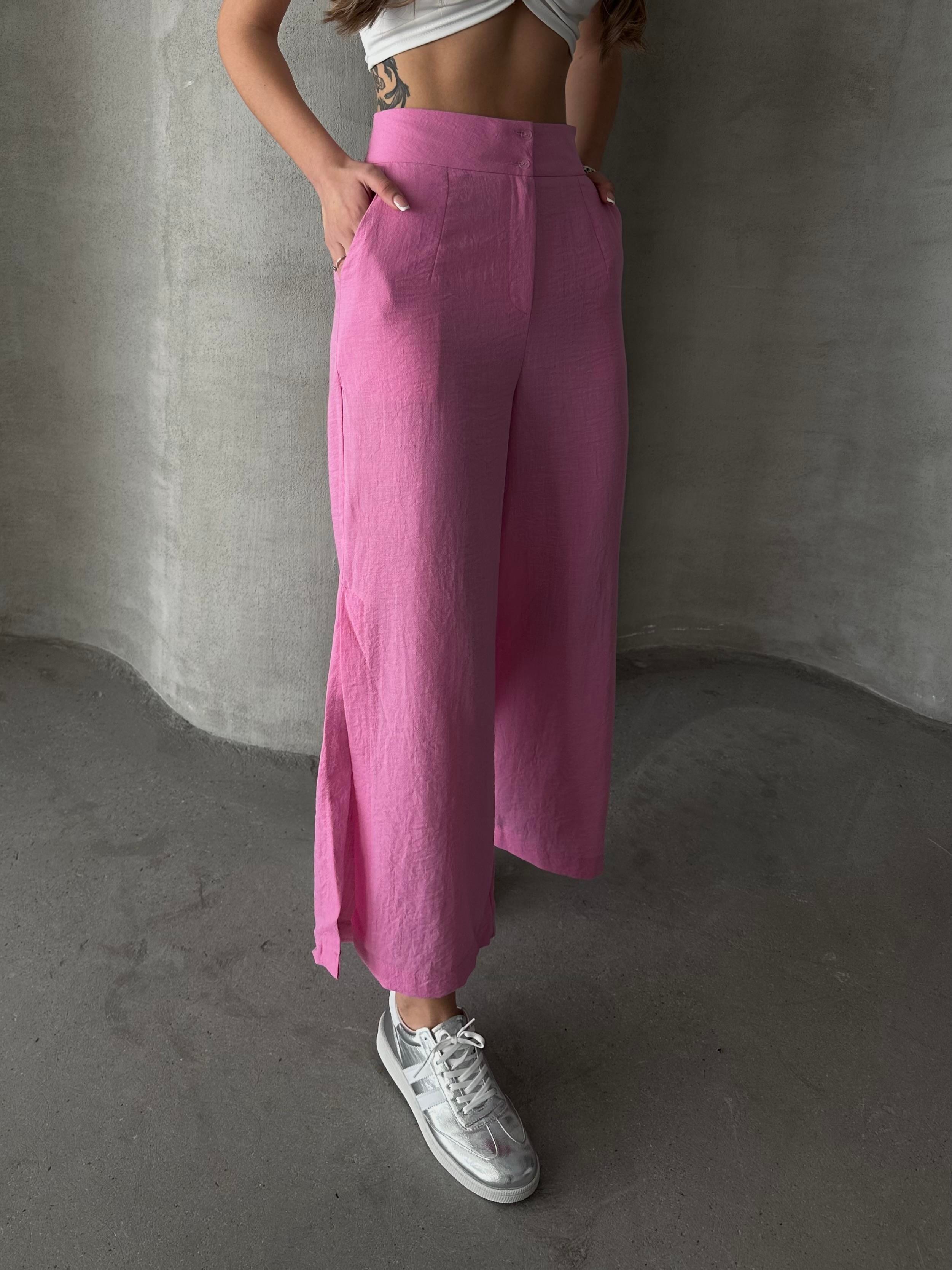 Ham Keten Paça Yırtmaçlı Pantolon Pembe