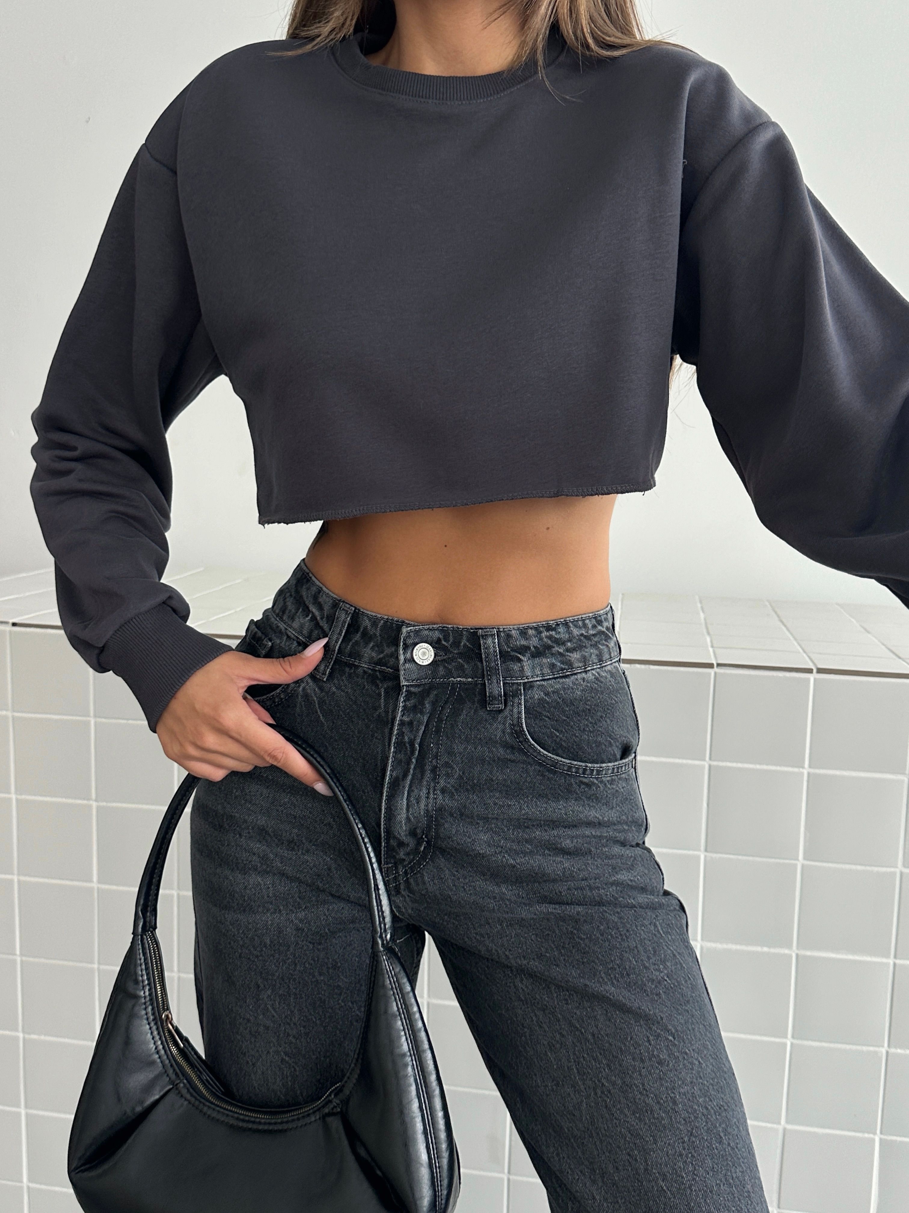 Dikişsiz Crop Sweat - Füme