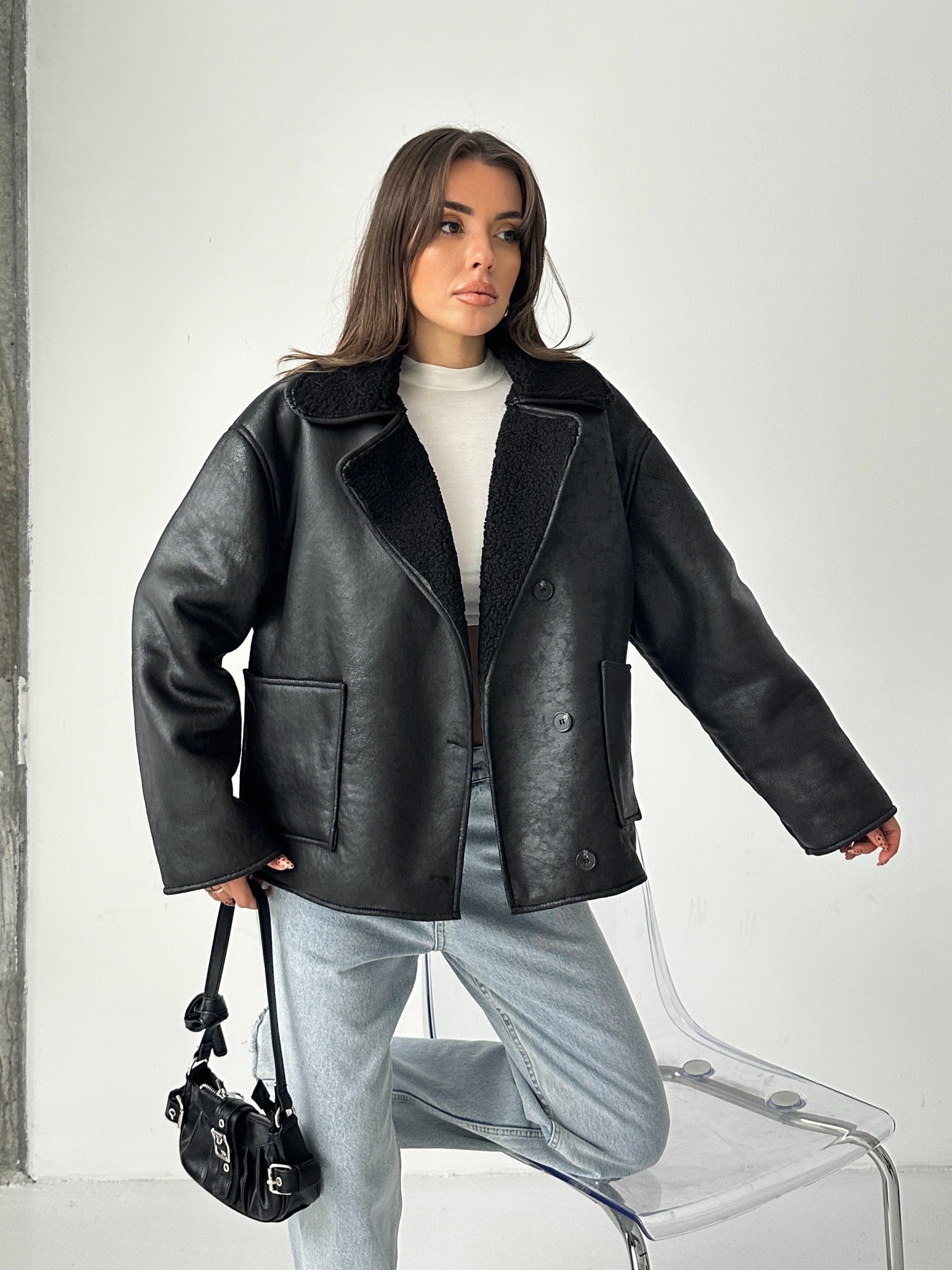 İçi Kürklü Oversize Mont - Black