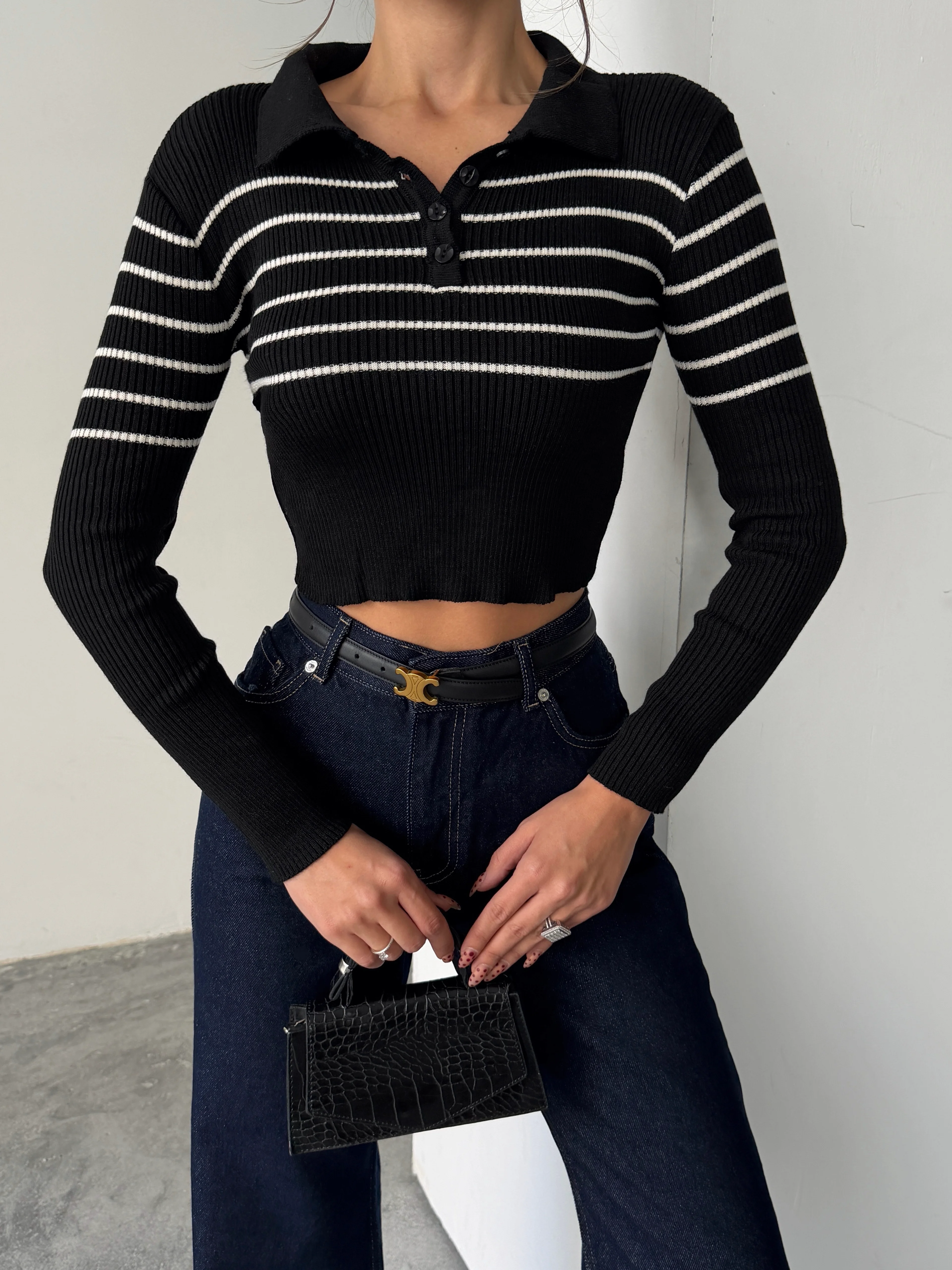 Polo Yaka Düğmeli Triko - Siyah