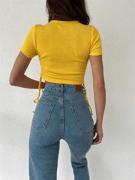 Yan Büzgü Bisiklet Yaka Crop Sarı
