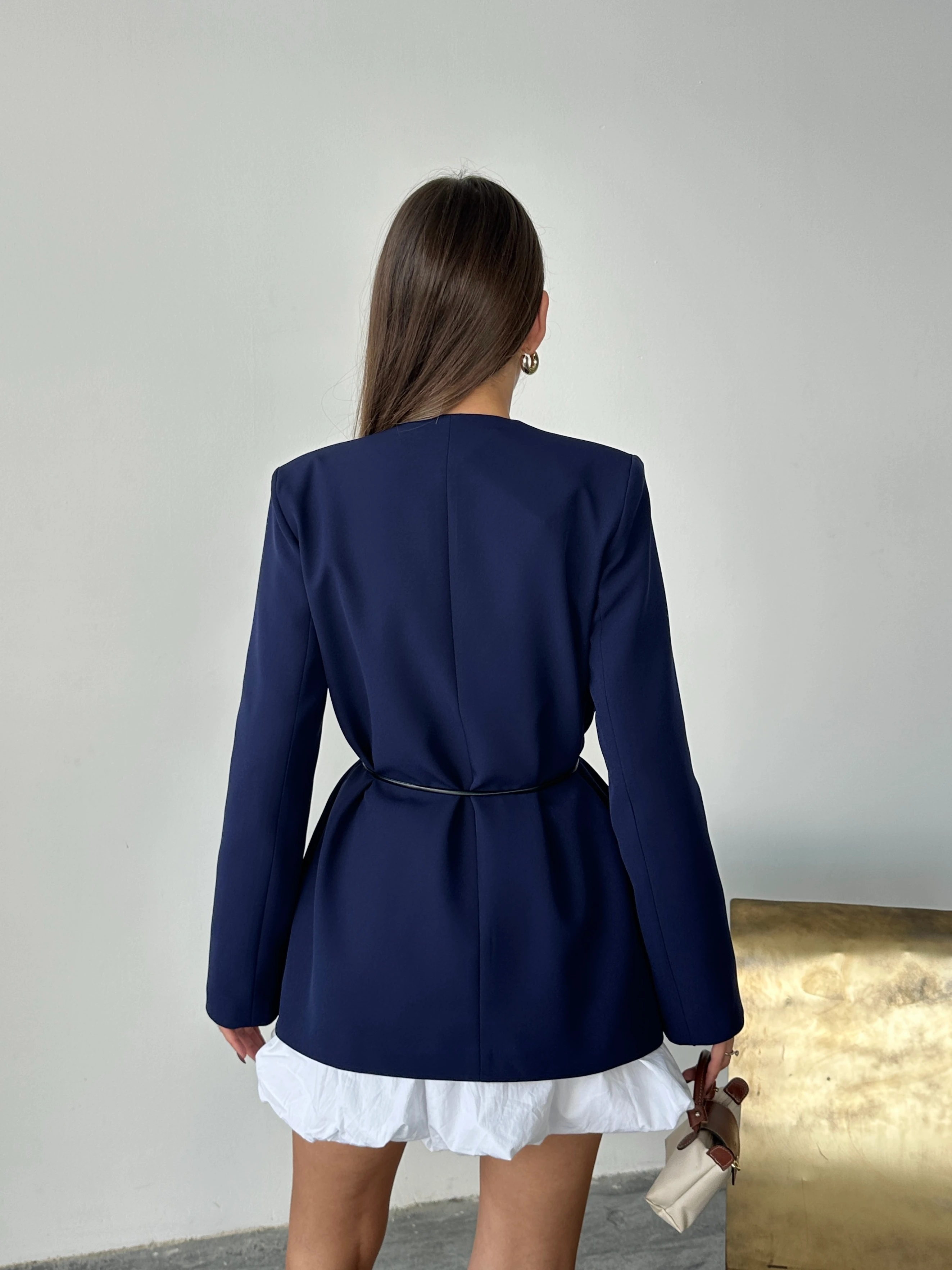 Deri Kemerli Blazer Ceket - Lacivert