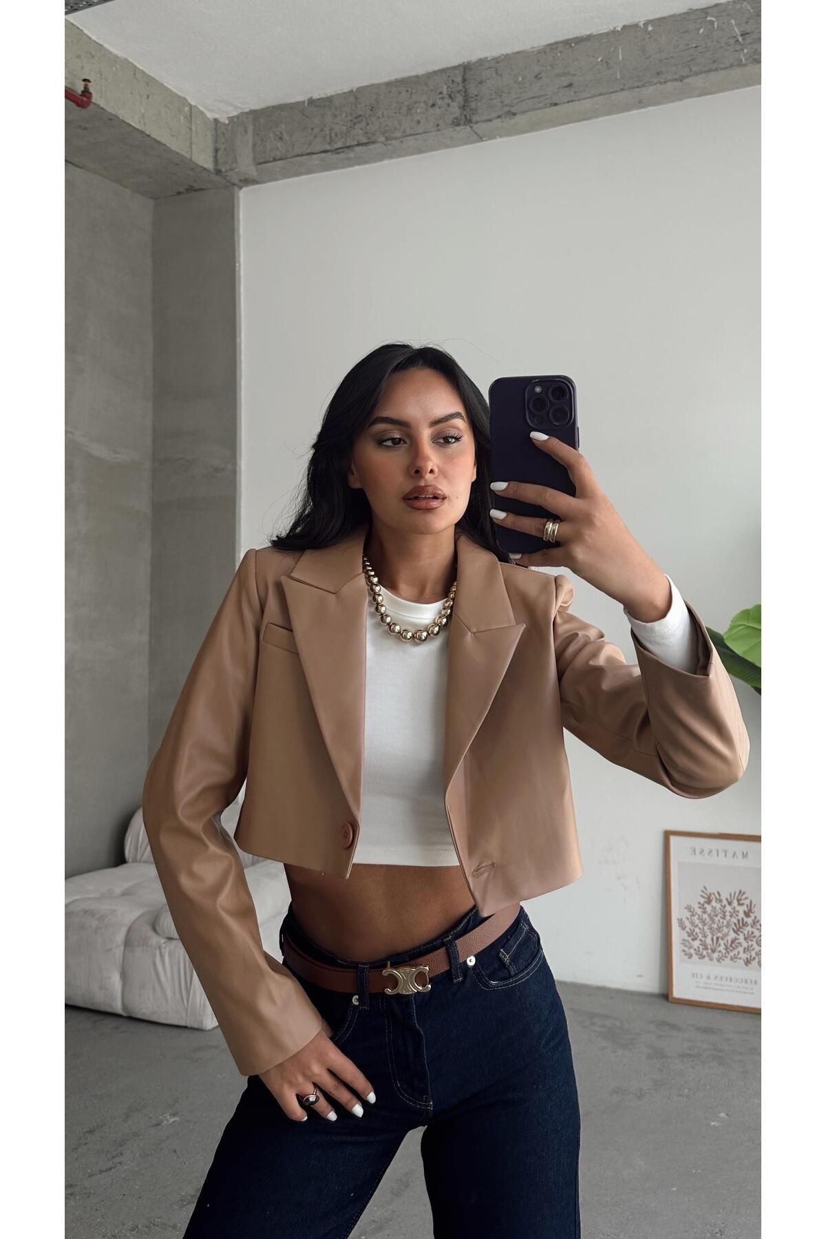 Crop Deri Blazer Ceket Vizon