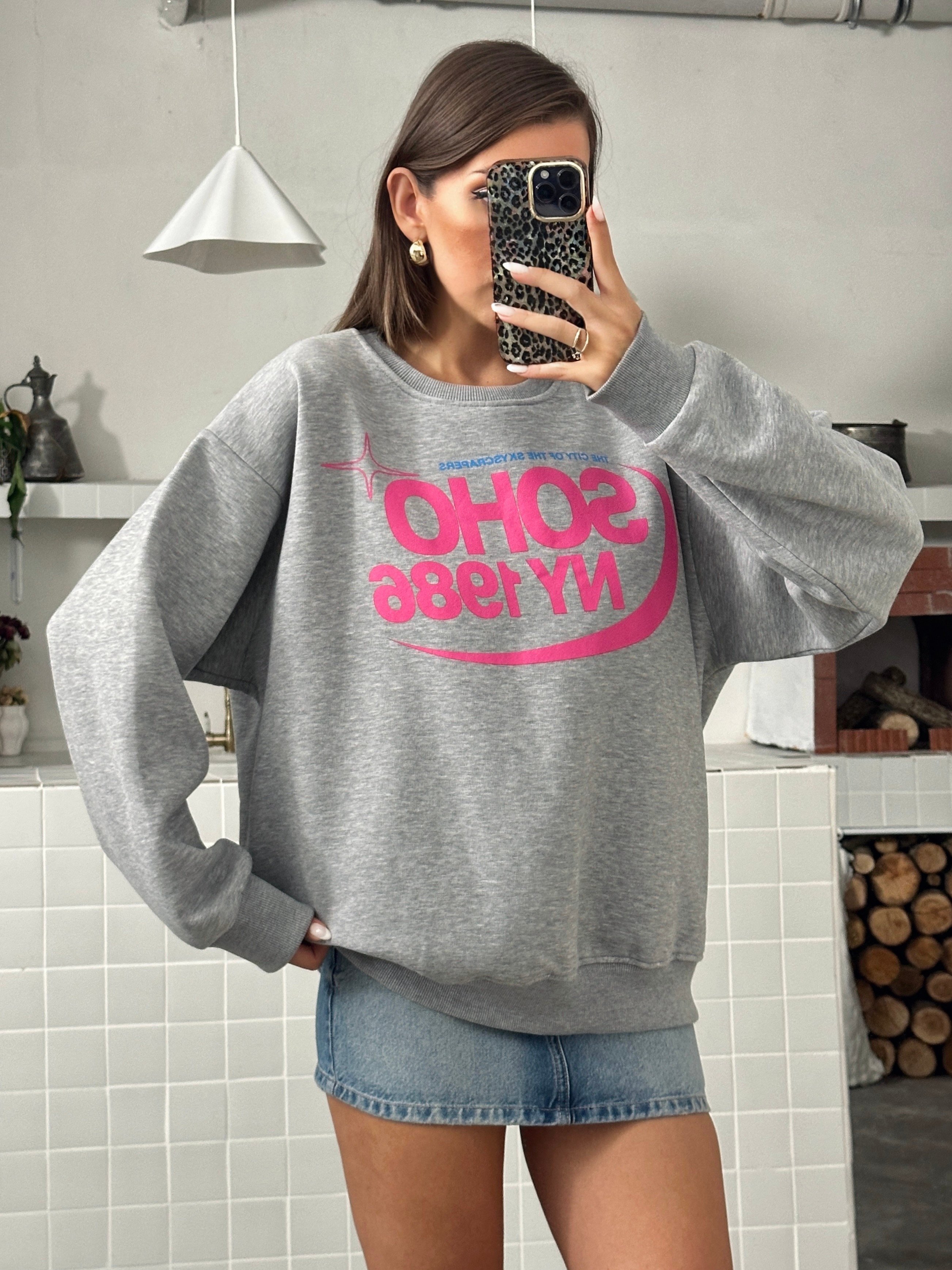 Soho Baskı Bisiklet Yaka Sweat Gri