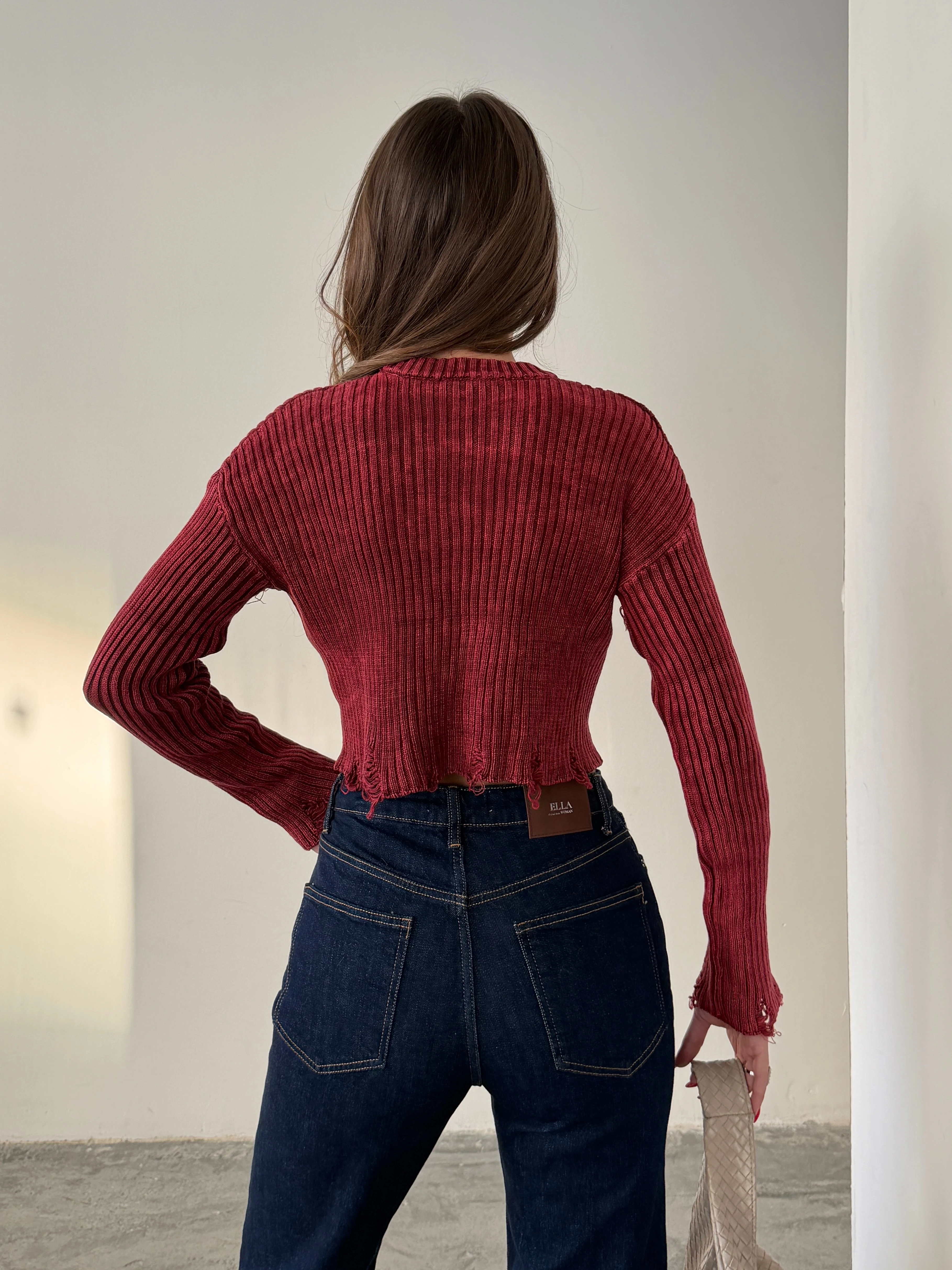 Yırtık Detay Crop Triko  - Bordo