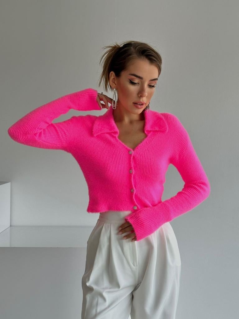 Diamond Düğme Yumoş Triko Hırka Neon Pembe