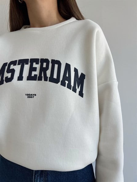 Amsterdam 3 İplik Şardonlu Sweatshirt Beyaz
