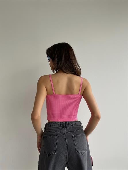 Bel Fırfır Fitilli Triko Bluz Pembe